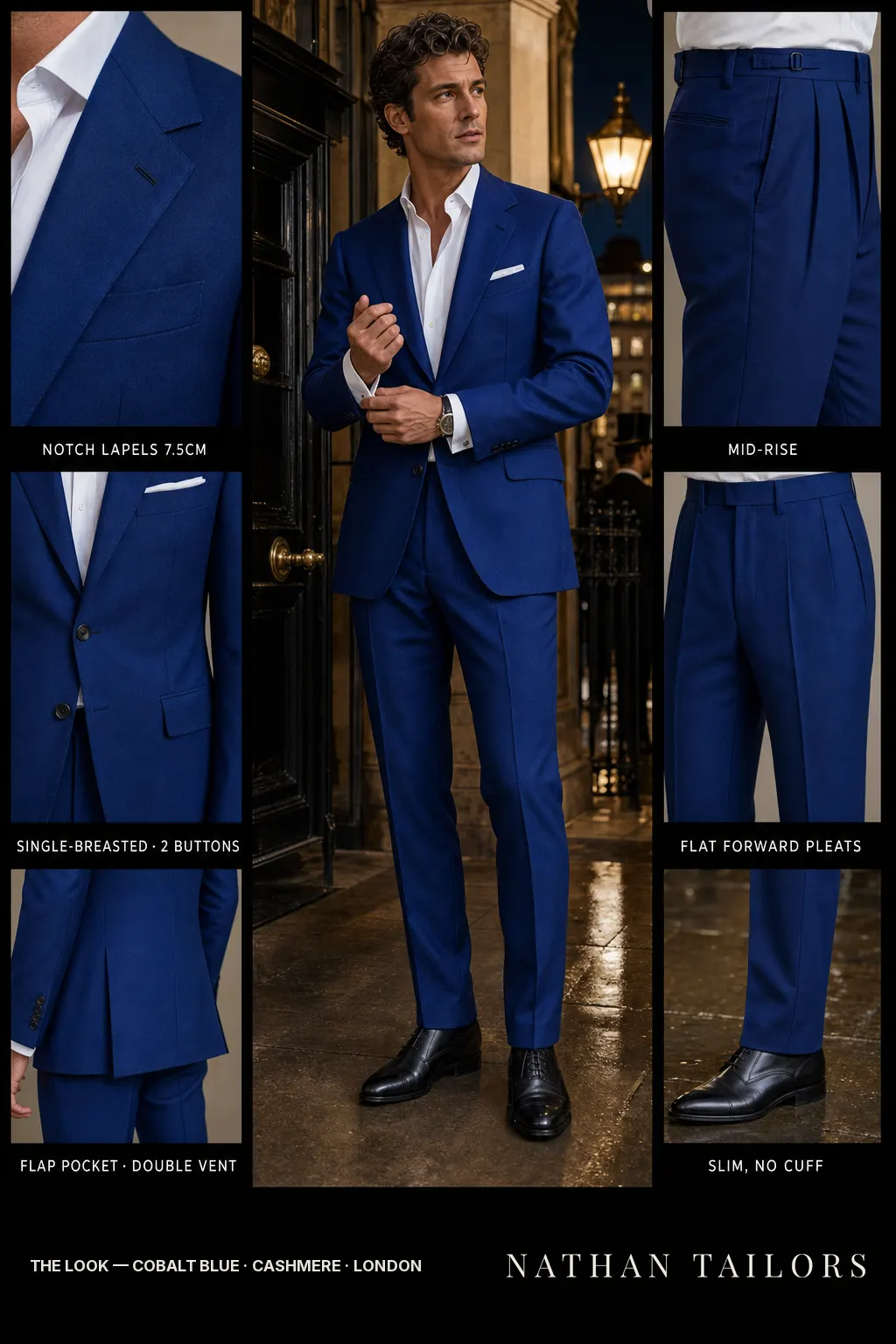 cobalt blue single-breasted notch-lapel bespoke suit โ AI-rendered by Nathan Tailors, the Hoi An custom tailor. Available as a custom tailored suit from $149.