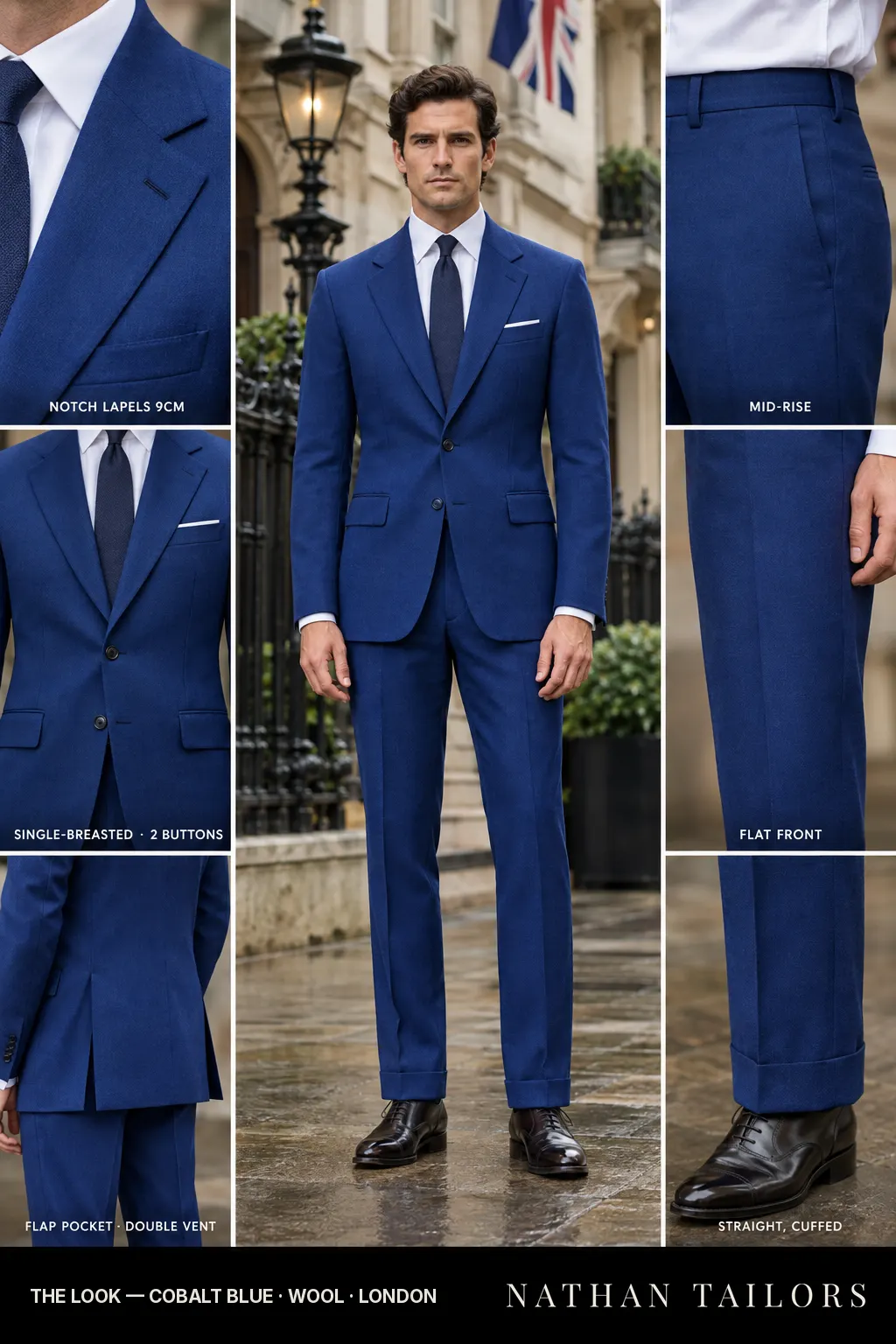 cobalt blue single-breasted bespoke suit โ custom tailored by Nathan Tailors, the Hoi An custom tailor