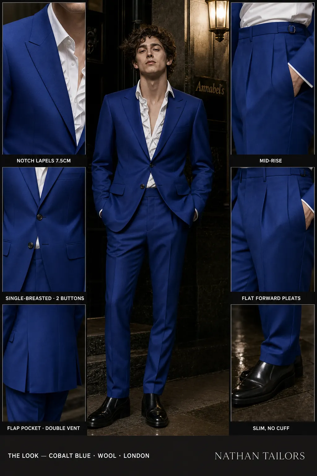 cobalt blue single-breasted notch-lapel bespoke suit — AI-rendered by Nathan Tailors, the Hoi An custom tailor. Available as a custom tailored suit from $149.