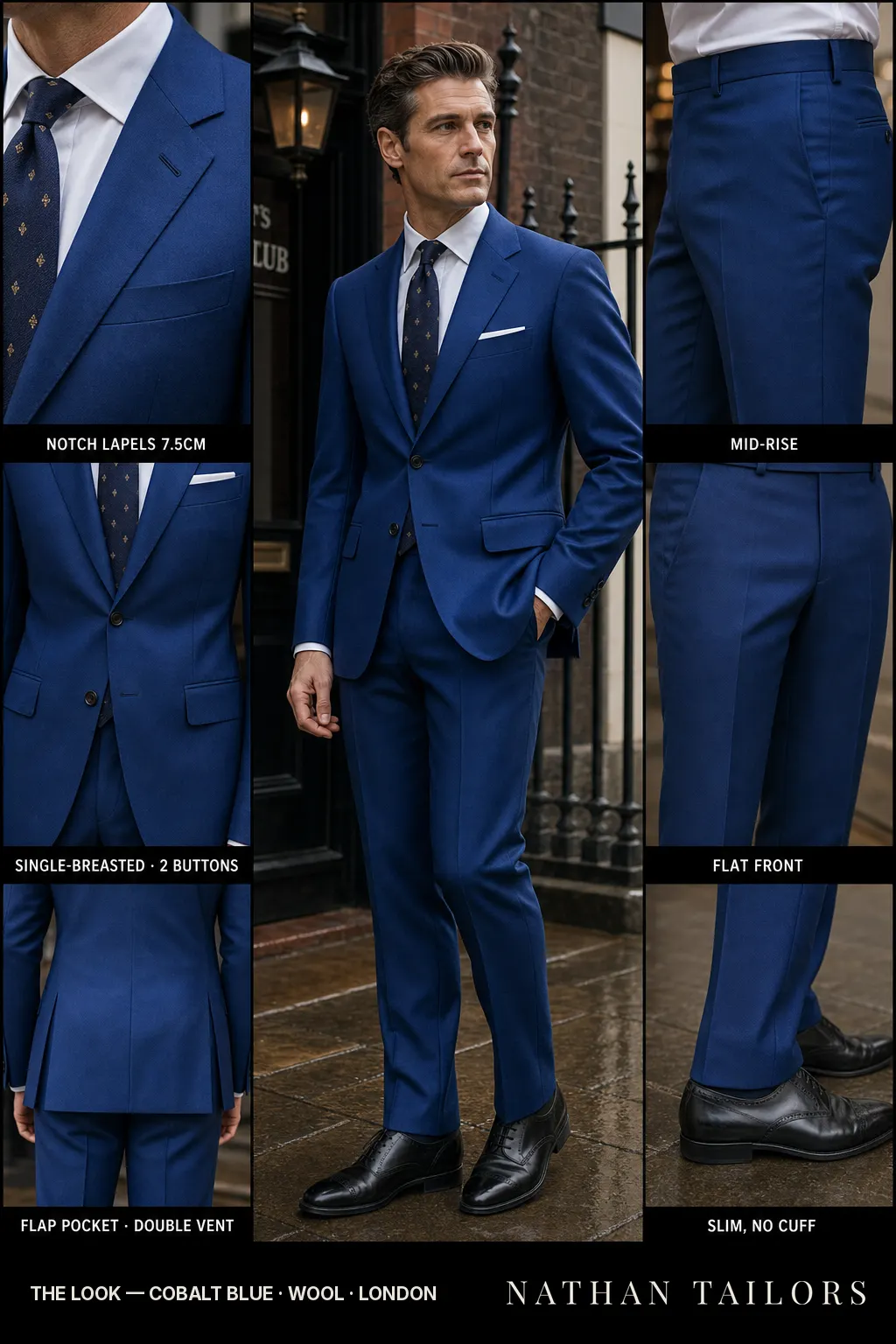 cobalt blue single-breasted notch-lapel bespoke suit — AI-rendered by Nathan Tailors, the Hoi An custom tailor. Available as a custom tailored suit from $149.