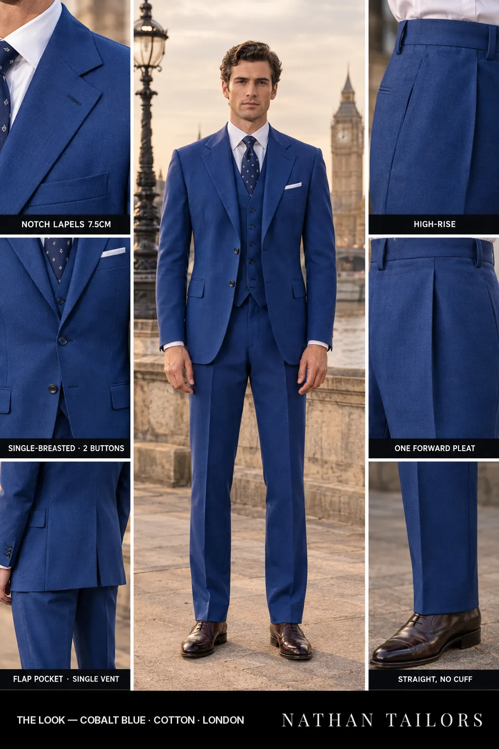 cobalt blue single-breasted bespoke suit โ custom tailored by Nathan Tailors, the Hoi An custom tailor