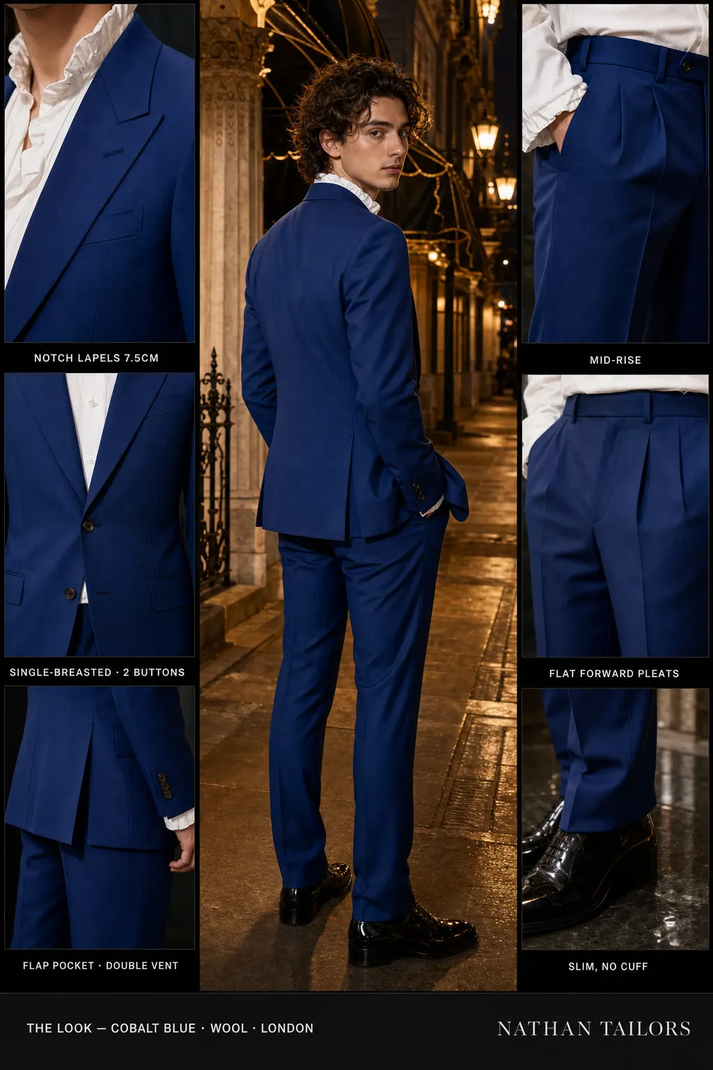 cobalt blue single-breasted notch-lapel bespoke suit โ AI-rendered by Nathan Tailors, the Hoi An custom tailor. Available as a custom tailored suit from $149.