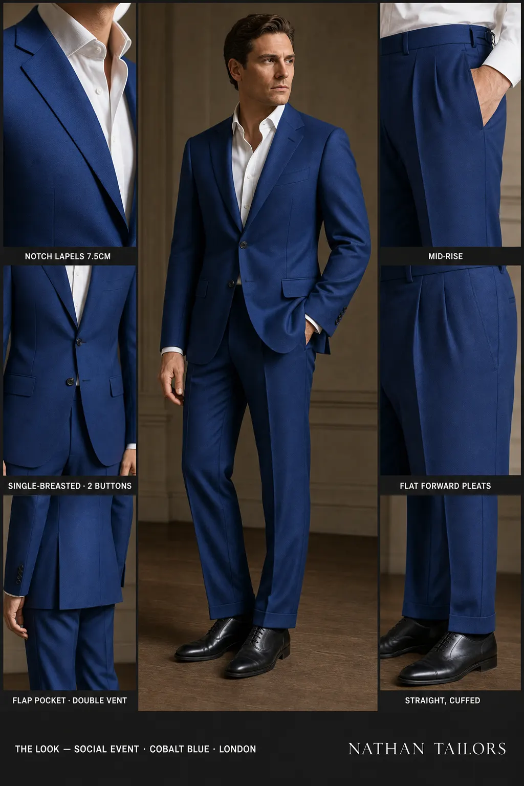 cobalt blue single-breasted notch-lapel bespoke suit — AI-rendered by Nathan Tailors, the Hoi An custom tailor. Available as a custom tailored suit from $149.