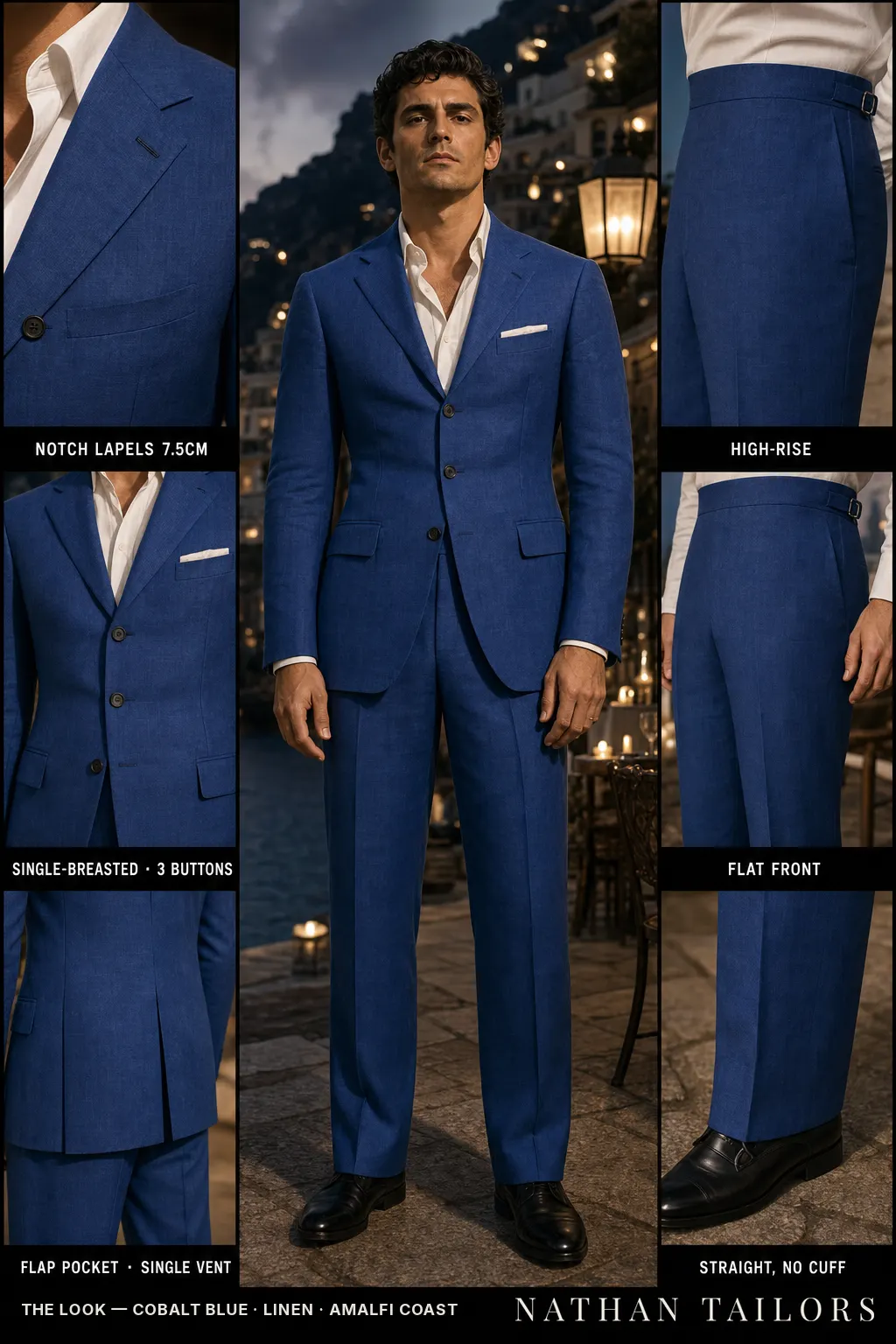 cobalt blue single-breasted notch-lapel bespoke suit — AI-rendered by Nathan Tailors, the Hoi An custom tailor. Available as a custom tailored suit from $149.