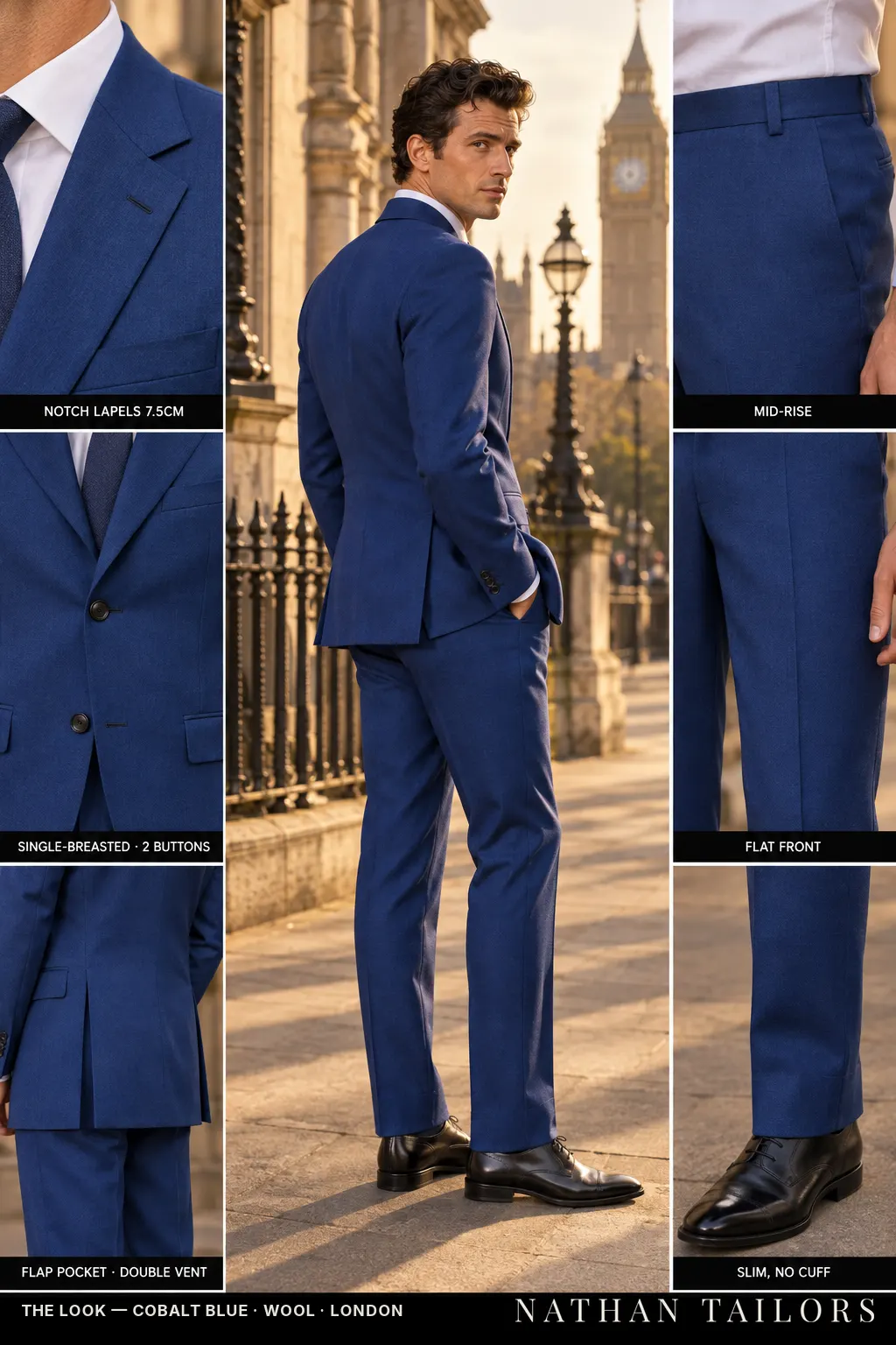 cobalt blue single-breasted bespoke suit โ custom tailored by Nathan Tailors, the Hoi An custom tailor