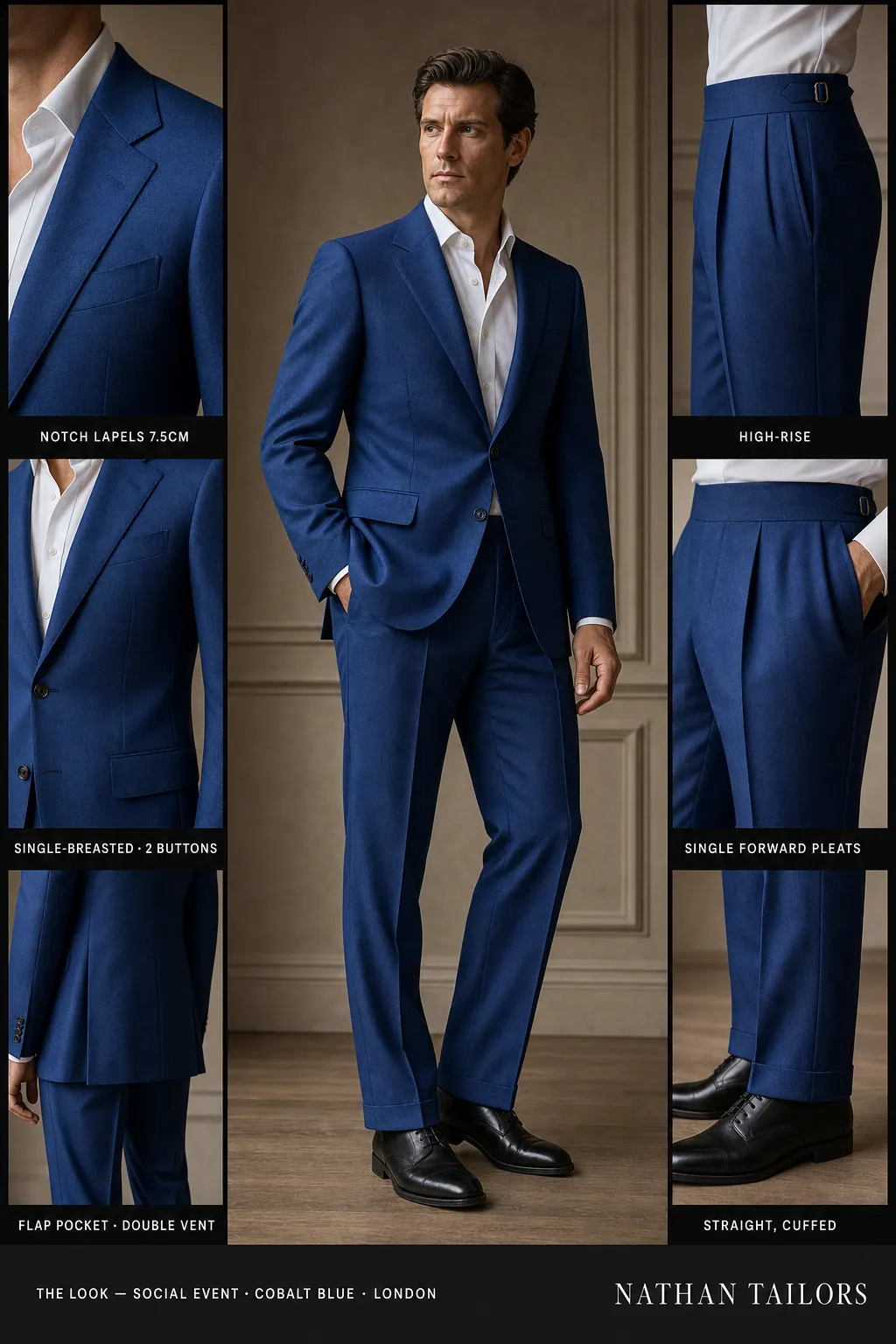 cobalt blue single-breasted notch-lapel bespoke suit — AI-rendered by Nathan Tailors, the Hoi An custom tailor. Available as a custom tailored suit from $149.