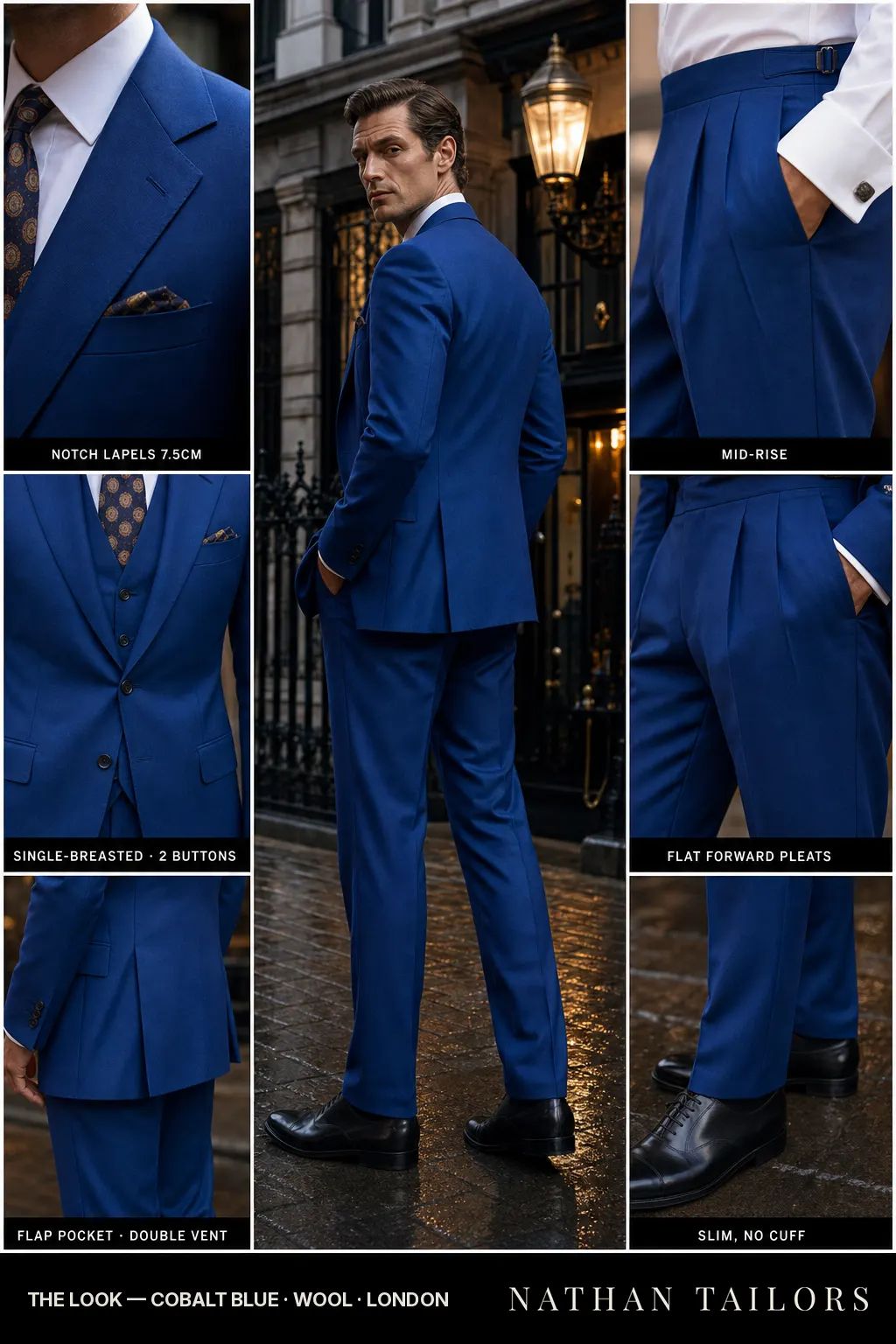 cobalt blue single-breasted notch-lapel bespoke suit โ AI-rendered by Nathan Tailors, the Hoi An custom tailor. Available as a custom tailored suit from $149.