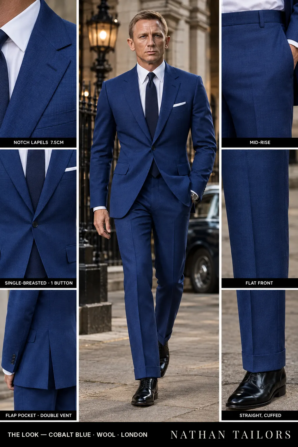 cobalt blue single-breasted notch-lapel bespoke suit โ AI-rendered by Nathan Tailors, the Hoi An custom tailor. Available as a custom tailored suit from $149.