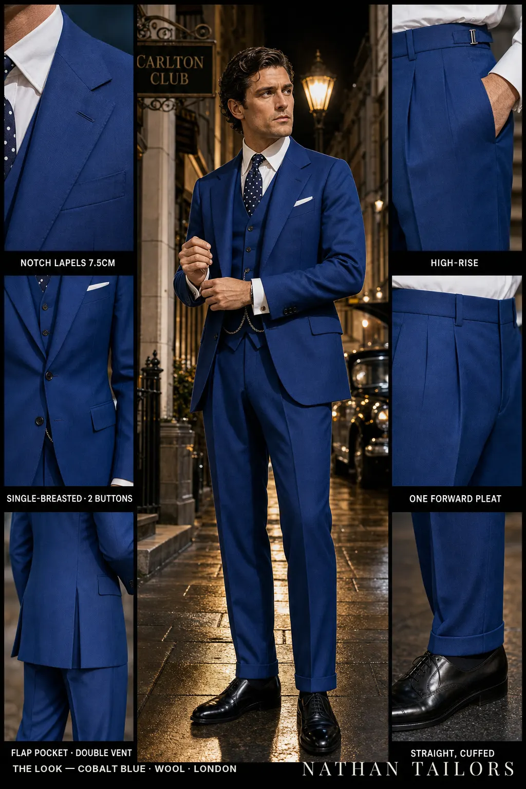 cobalt blue single-breasted notch-lapel bespoke suit — AI-rendered by Nathan Tailors, the Hoi An custom tailor. Available as a custom tailored suit from $169.