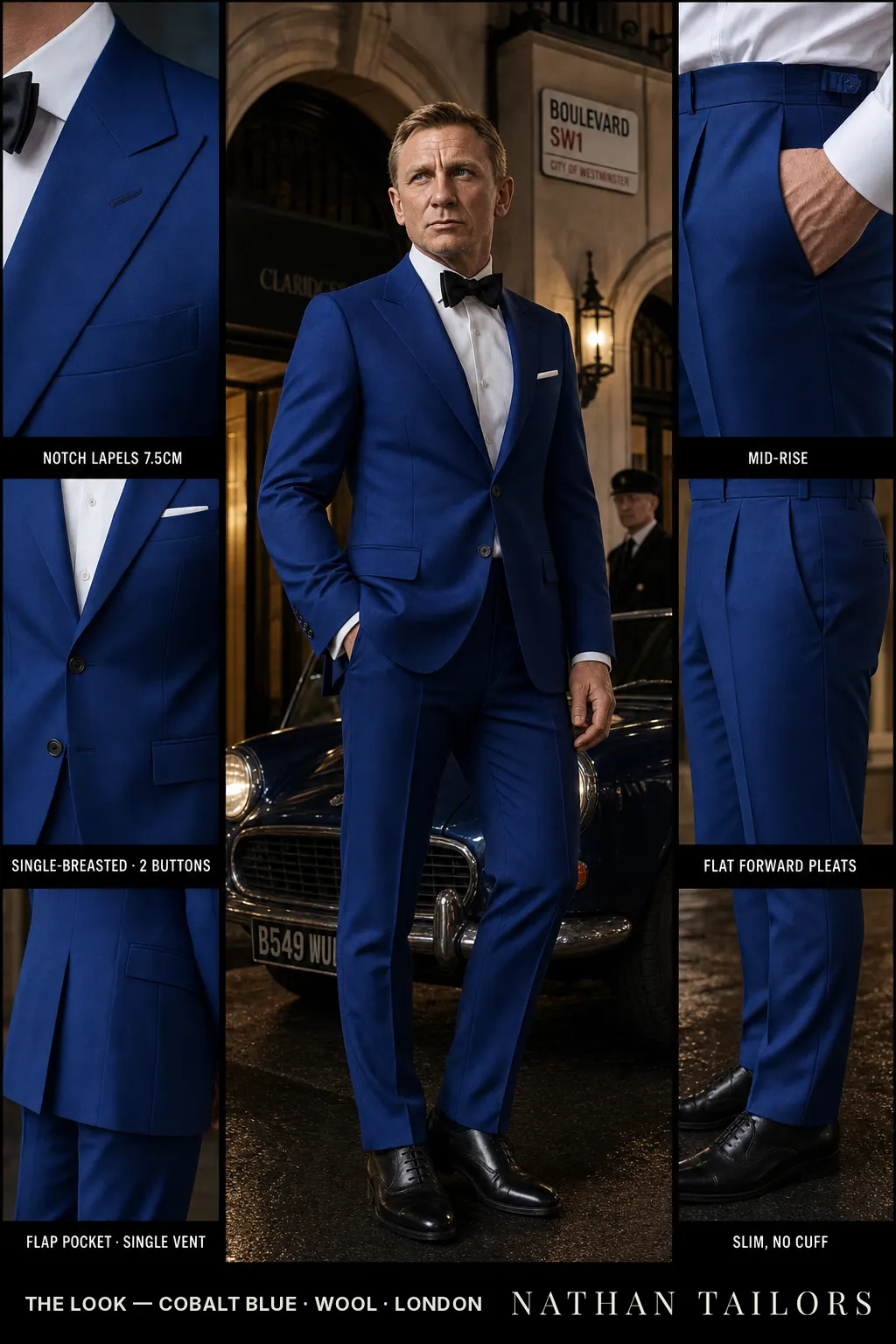 cobalt blue single-breasted notch-lapel bespoke suit — AI-rendered by Nathan Tailors, the Hoi An custom tailor. Available as a custom tailored suit from $149.