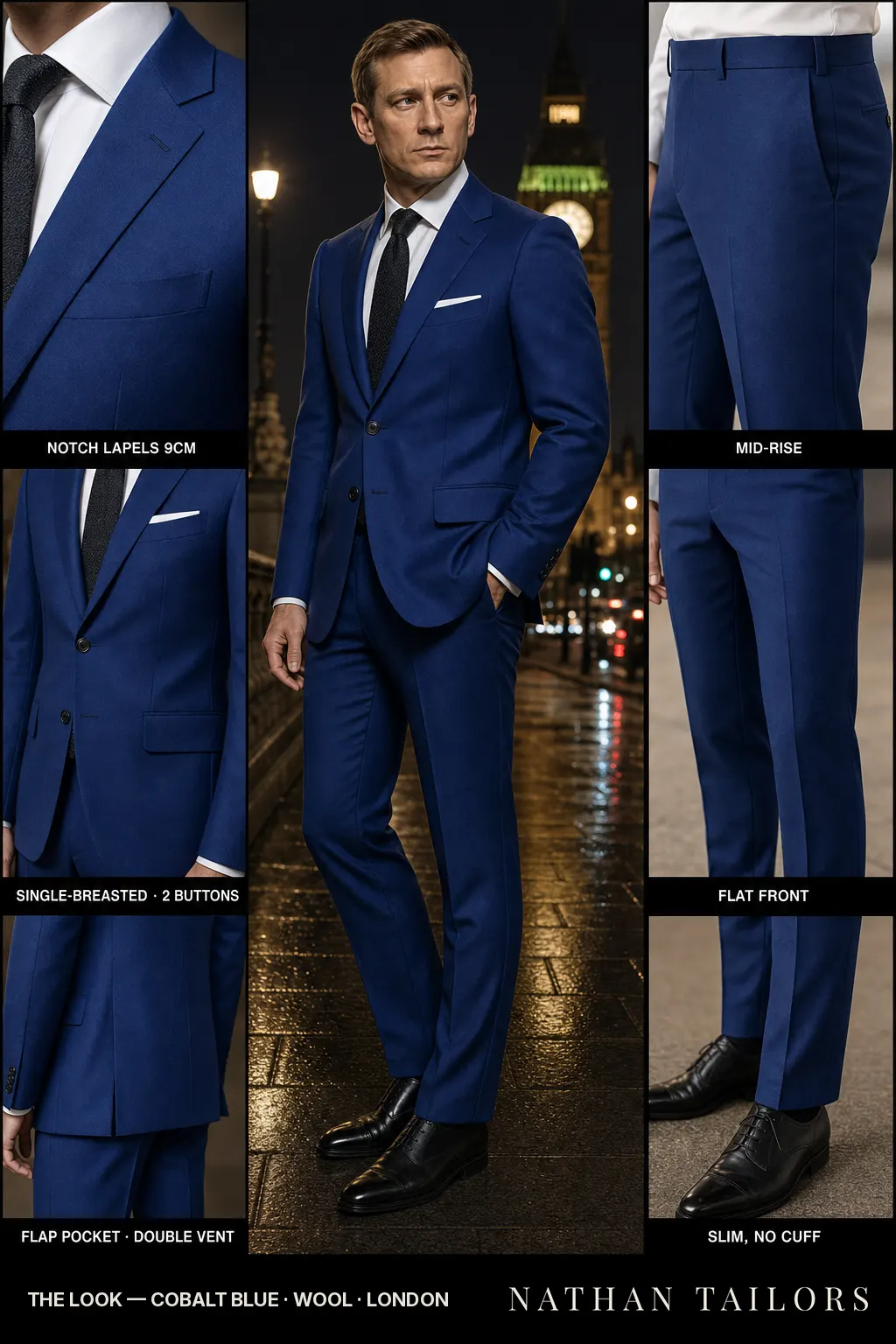 cobalt blue single-breasted bespoke suit โ custom tailored by Nathan Tailors, the Hoi An custom tailor