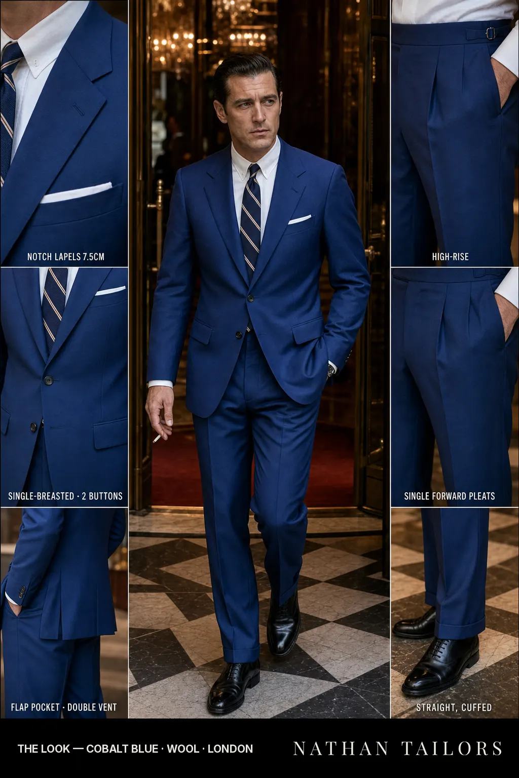 cobalt blue single-breasted notch-lapel bespoke suit โ AI-rendered by Nathan Tailors, the Hoi An custom tailor. Available as a custom tailored suit from $149.