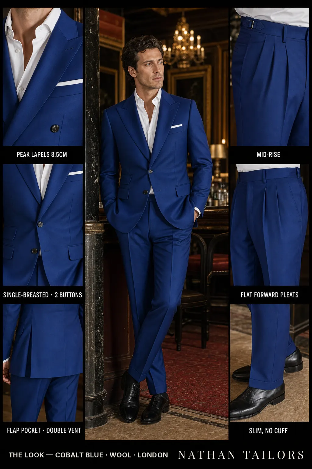 cobalt blue single-breasted peak-lapel bespoke suit โ AI-rendered by Nathan Tailors, the Hoi An custom tailor. Available as a custom tailored suit from $149.