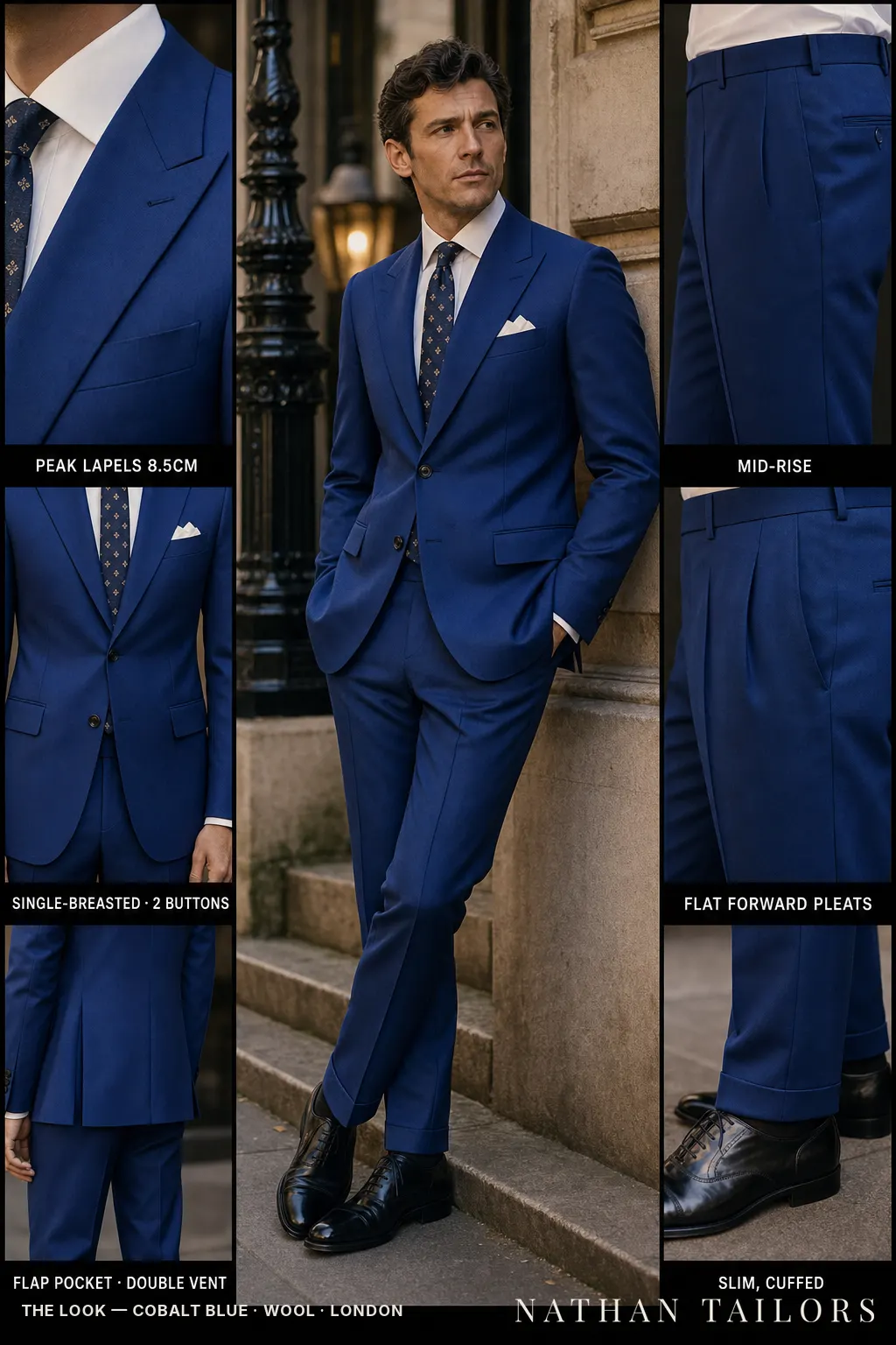 cobalt blue single-breasted peak-lapel bespoke suit — AI-rendered by Nathan Tailors, the Hoi An custom tailor. Available as a custom tailored suit from $149.
