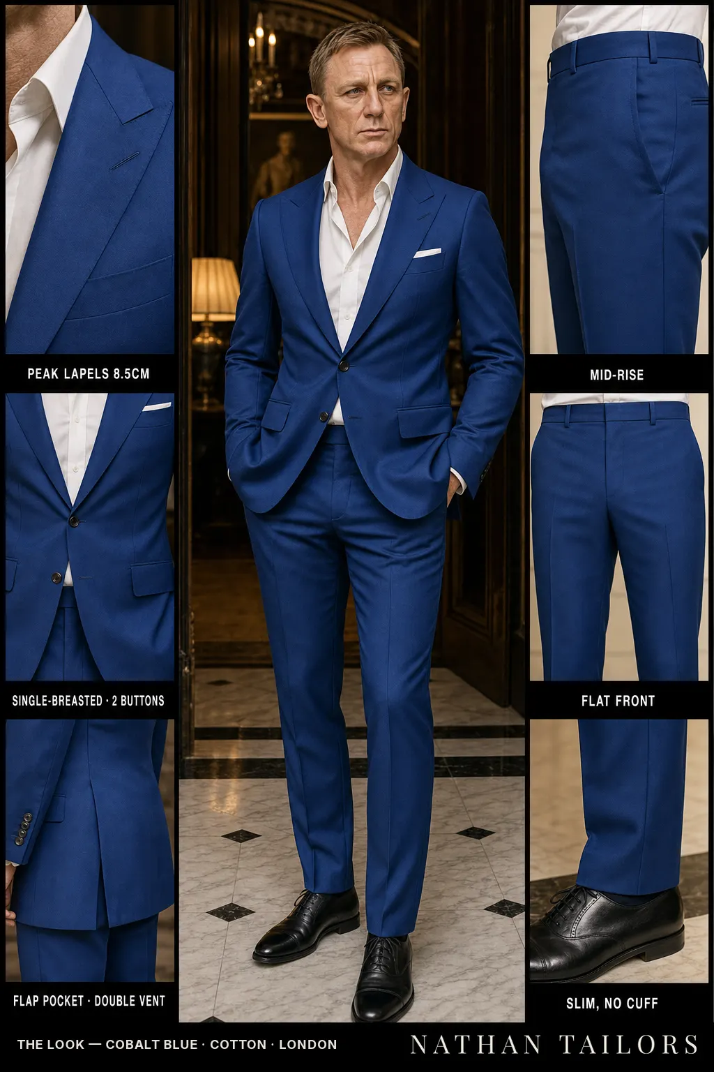 cobalt blue single-breasted peak-lapel bespoke suit — AI-rendered by Nathan Tailors, the Hoi An custom tailor. Available as a custom tailored suit from $149.