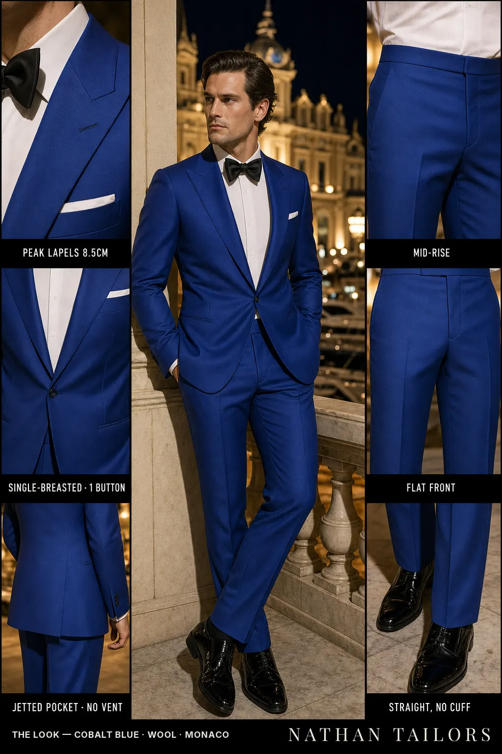 cobalt blue single-breasted peak-lapel bespoke suit โ AI-rendered by Nathan Tailors, the Hoi An custom tailor. Available as a custom tailored suit from $149.