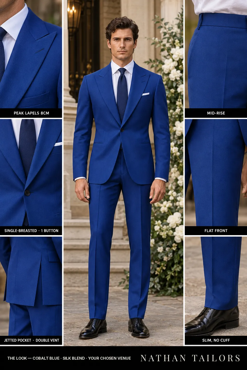 cobalt blue single-breasted bespoke suit โ custom tailored by Nathan Tailors, the Hoi An custom tailor