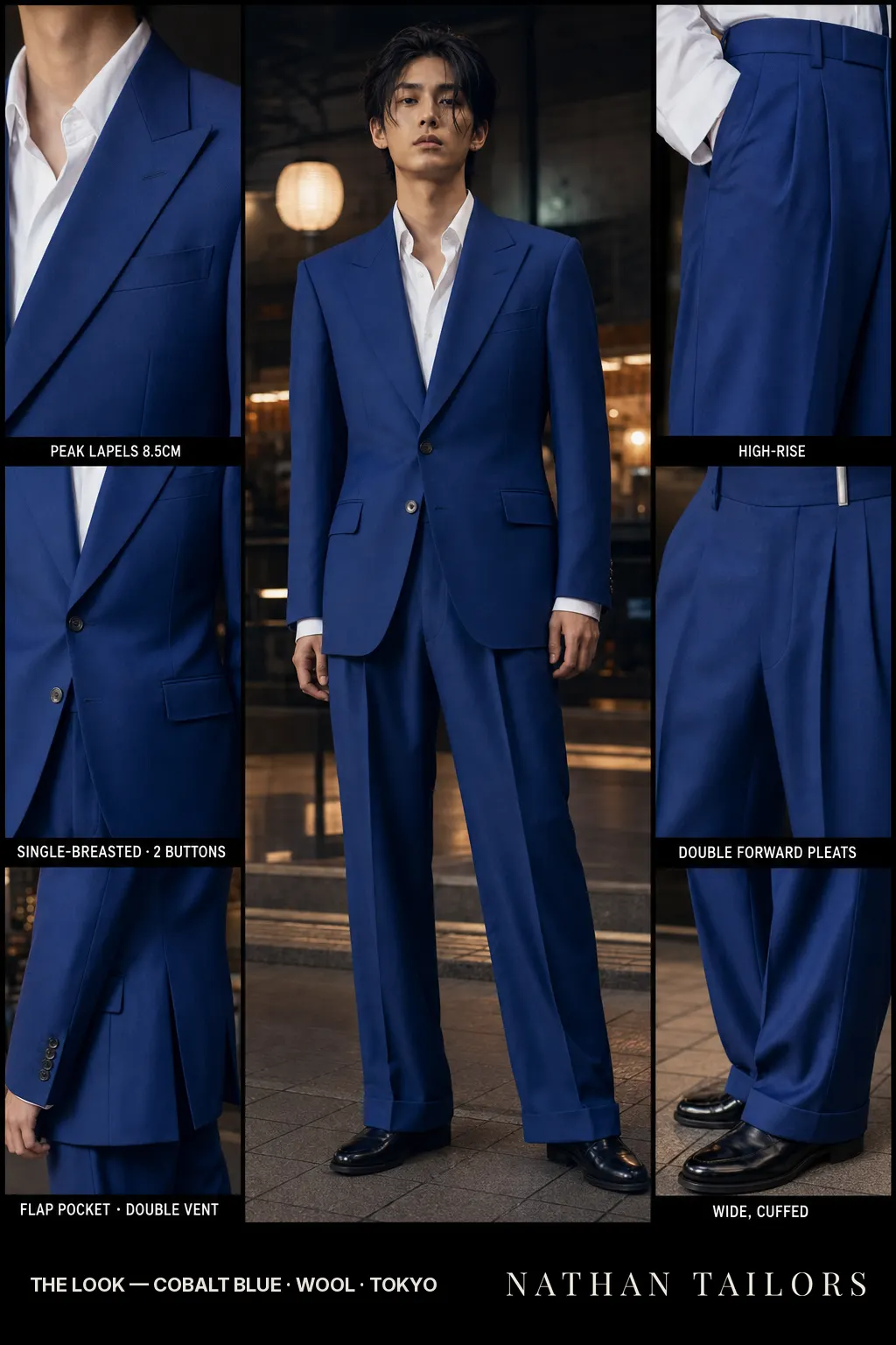 cobalt blue single-breasted peak-lapel bespoke suit — AI-rendered by Nathan Tailors, the Hoi An custom tailor. Available as a custom tailored suit from $149.