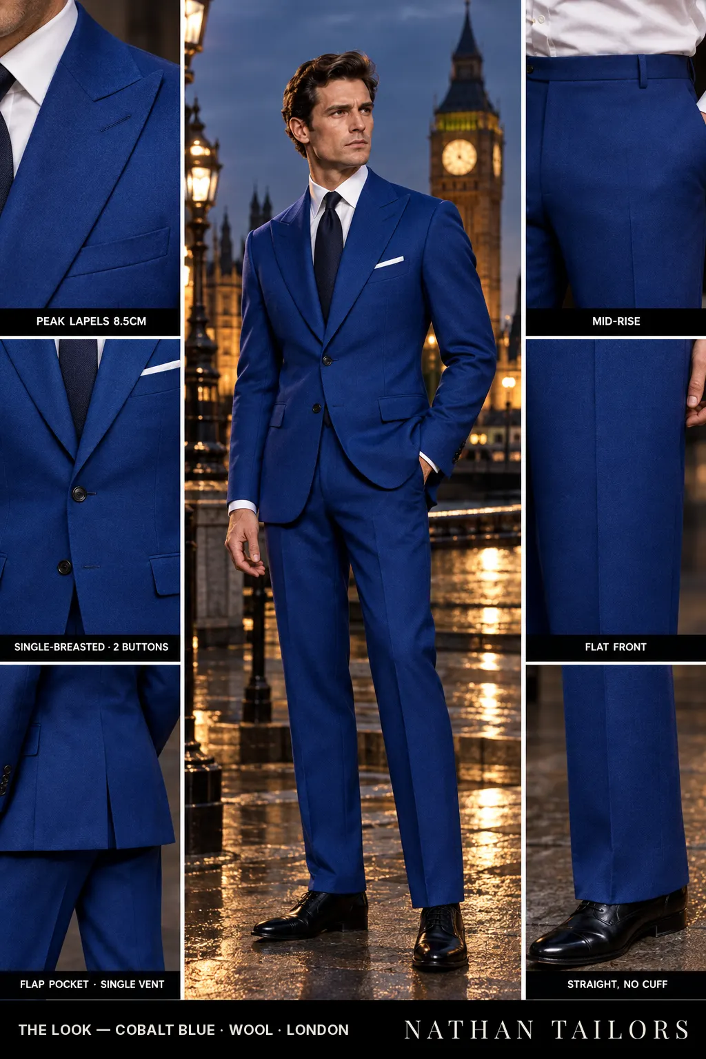 cobalt blue single-breasted bespoke suit โ custom tailored by Nathan Tailors, the Hoi An custom tailor