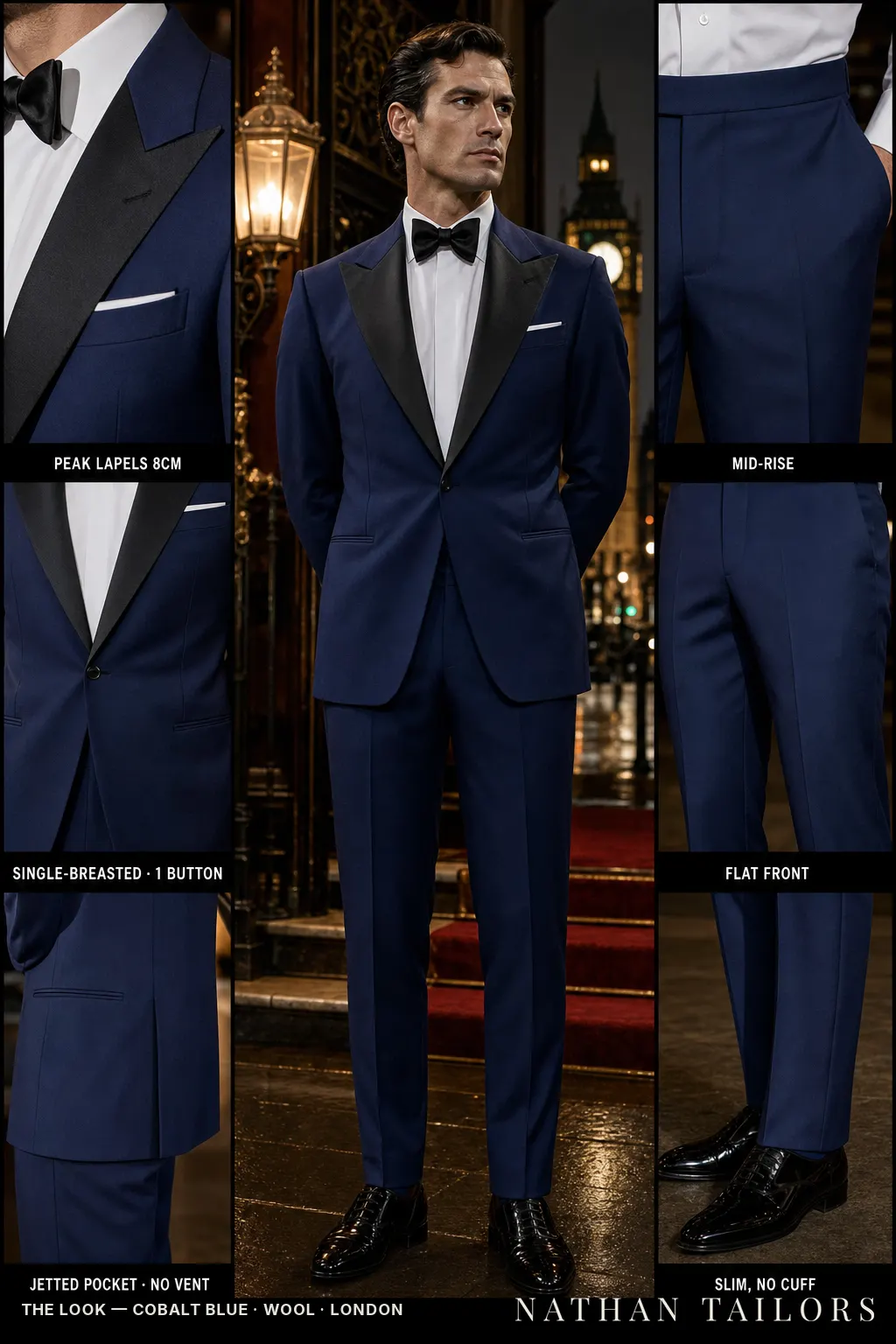 cobalt blue single-breasted peak-lapel bespoke suit — AI-rendered by Nathan Tailors, the Hoi An custom tailor. Available as a custom tailored suit from $149.