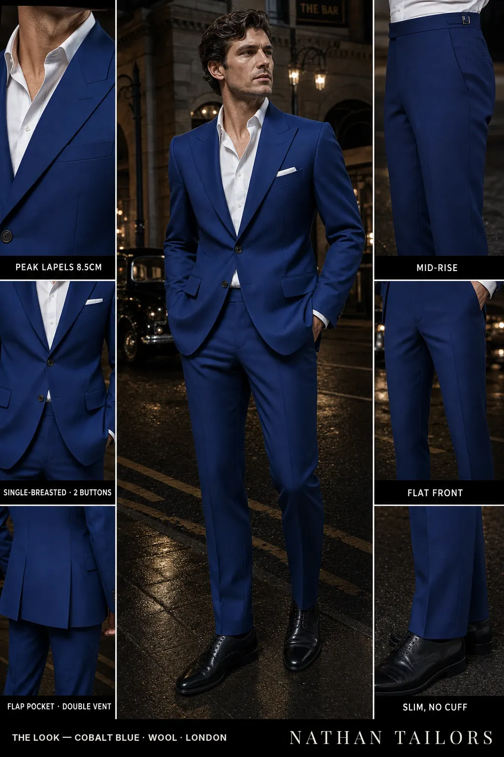 cobalt blue single-breasted peak-lapel bespoke suit — AI-rendered by Nathan Tailors, the Hoi An custom tailor. Available as a custom tailored suit from $149.