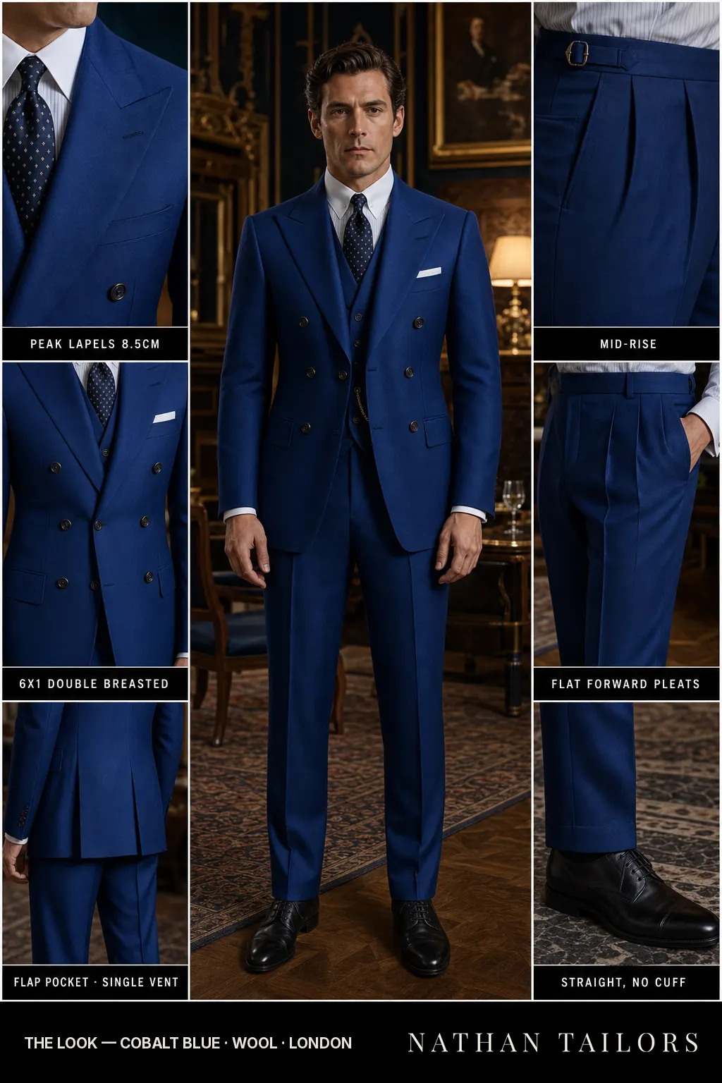 cobalt blue single-breasted peak-lapel bespoke suit — AI-rendered by Nathan Tailors, the Hoi An custom tailor. Available as a custom tailored suit from $149.