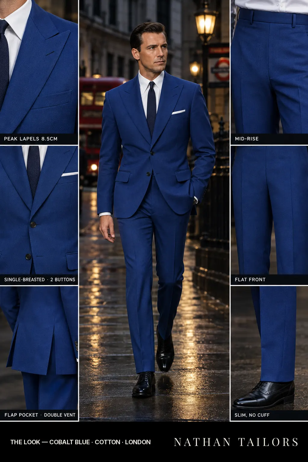 cobalt blue single-breasted peak-lapel bespoke suit โ AI-rendered by Nathan Tailors, the Hoi An custom tailor. Available as a custom tailored suit from $149.