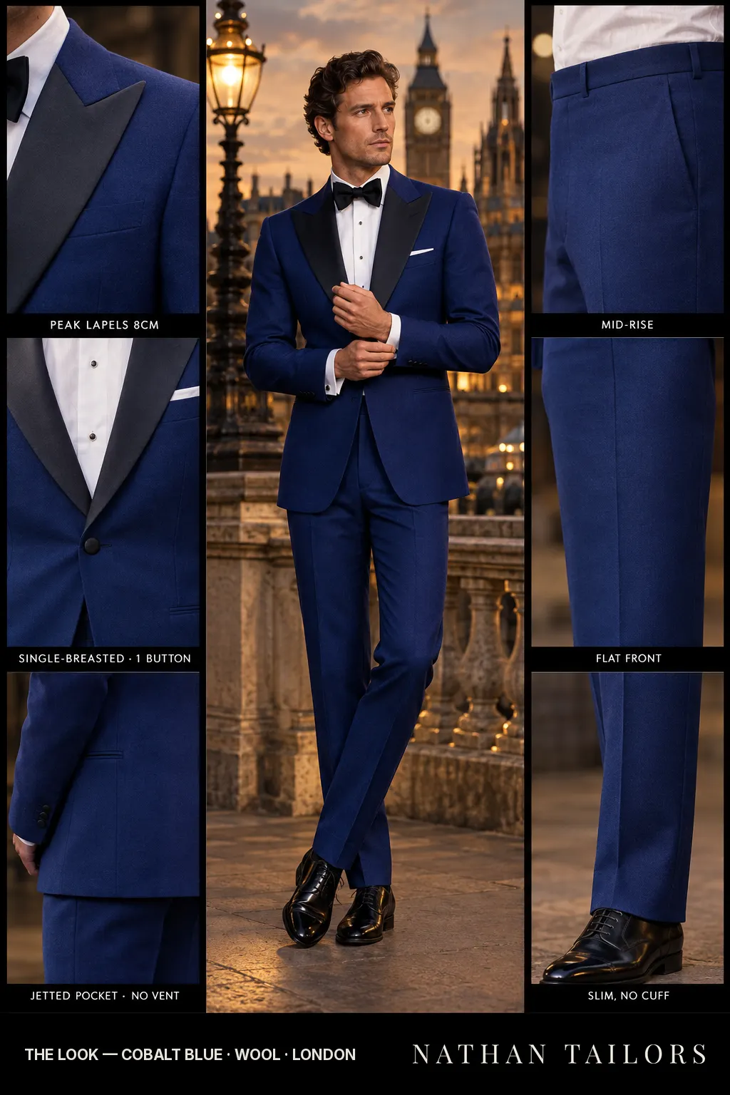 cobalt blue single-breasted peak-lapel bespoke suit โ AI-rendered by Nathan Tailors, the Hoi An custom tailor. Available as a custom tailored suit from $149.