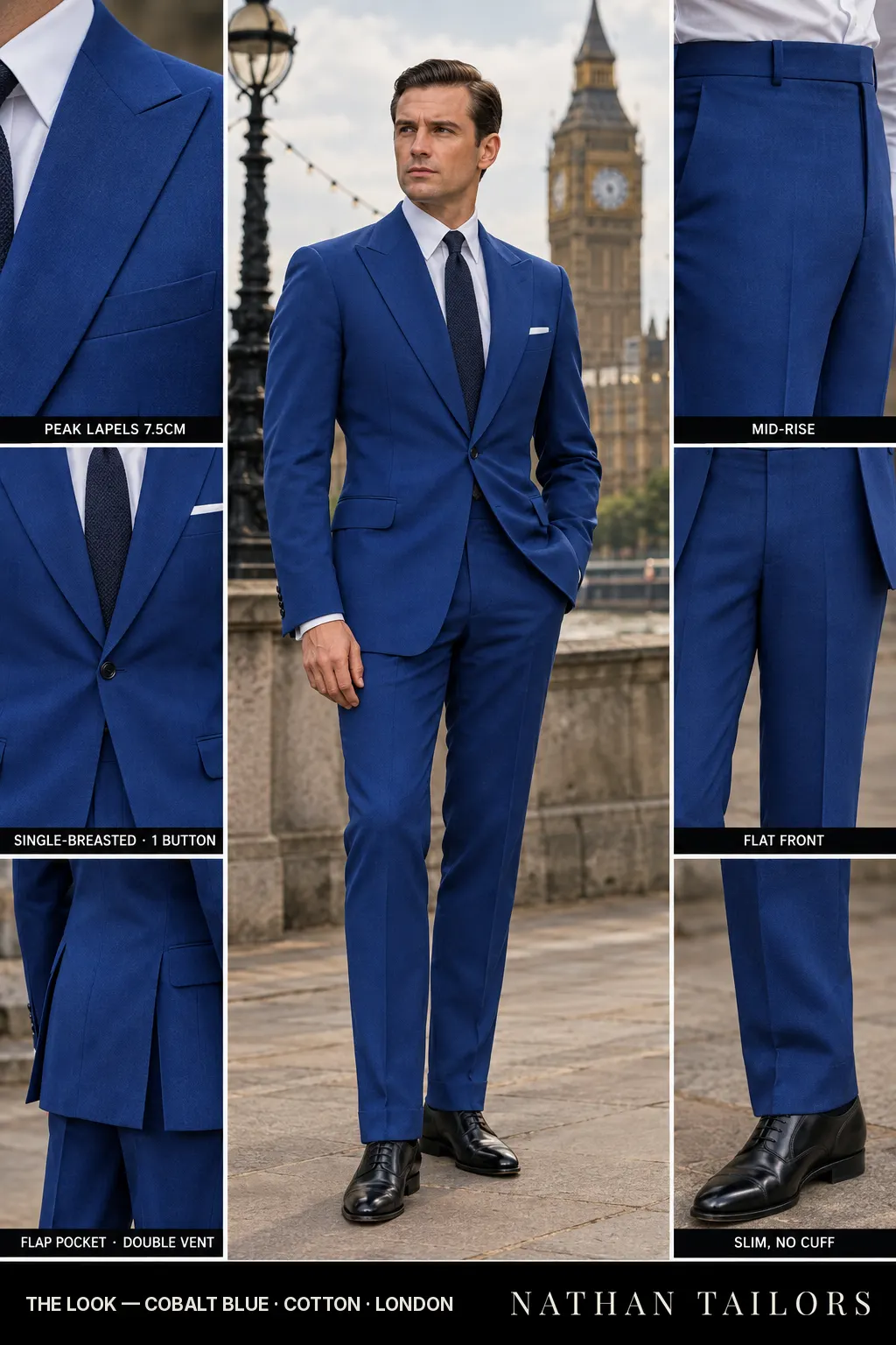 cobalt blue single-breasted peak-lapel bespoke suit โ AI-rendered by Nathan Tailors, the Hoi An custom tailor. Available as a custom tailored suit from $149.