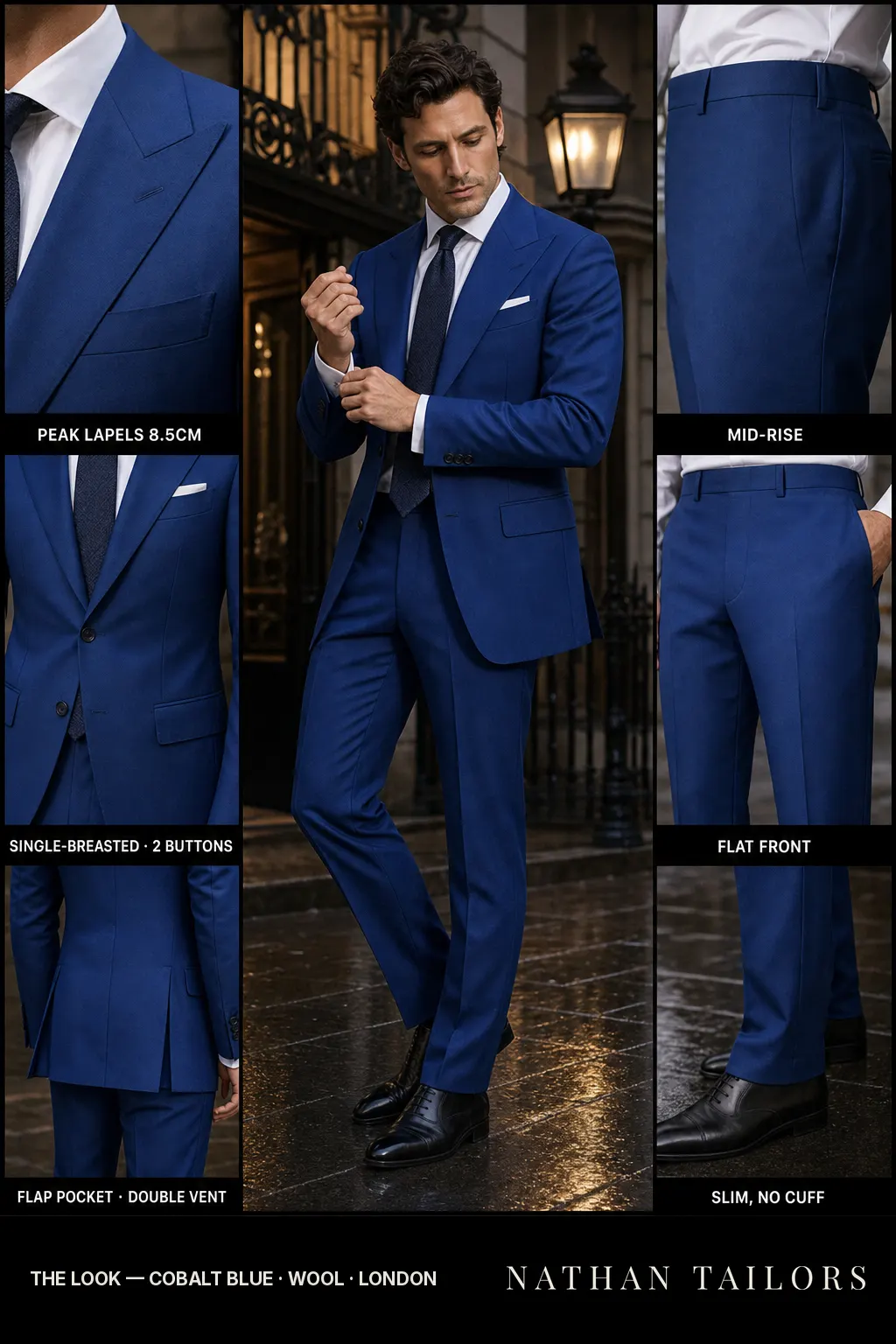 cobalt blue single-breasted peak-lapel bespoke suit — AI-rendered by Nathan Tailors, the Hoi An custom tailor. Available as a custom tailored suit from $149.