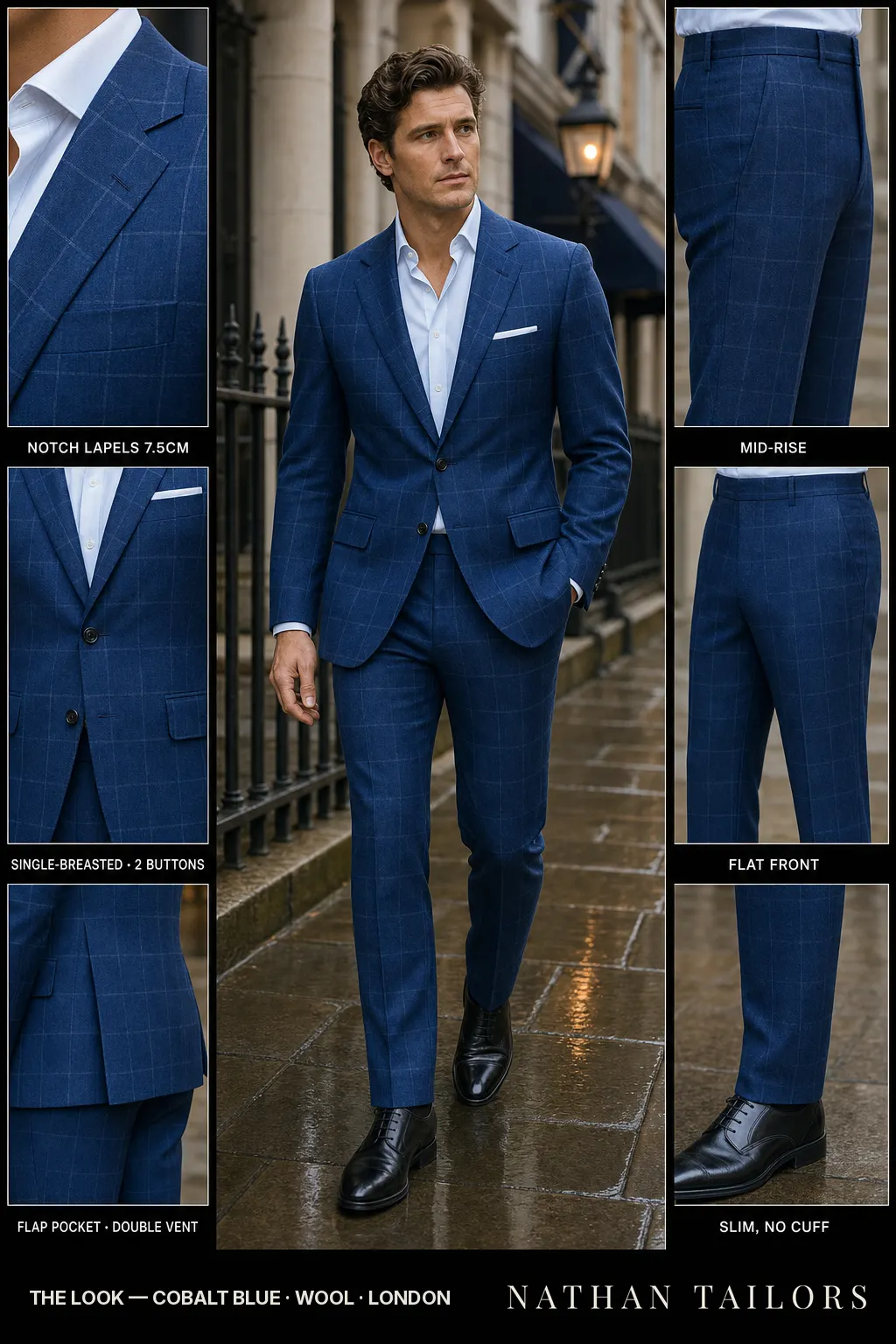 cobalt blue windowpane single-breasted notch-lapel bespoke suit โ AI-rendered by Nathan Tailors, the Hoi An custom tailor. Available as a custom tailored suit from $149.