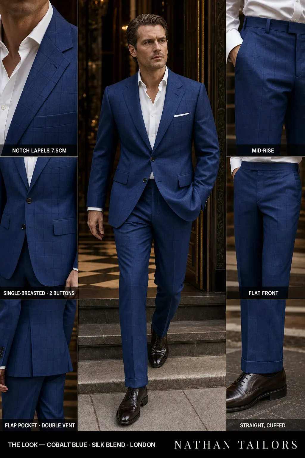 cobalt blue windowpane single-breasted bespoke suit — custom tailored by Nathan Tailors, the Hoi An custom tailor