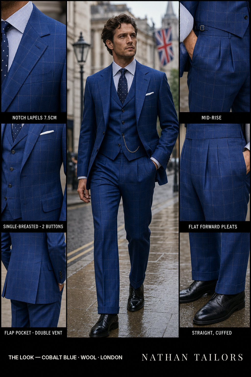 Cobalt Blue Windowpane Single-Breasted Bespoke Suit | Custom