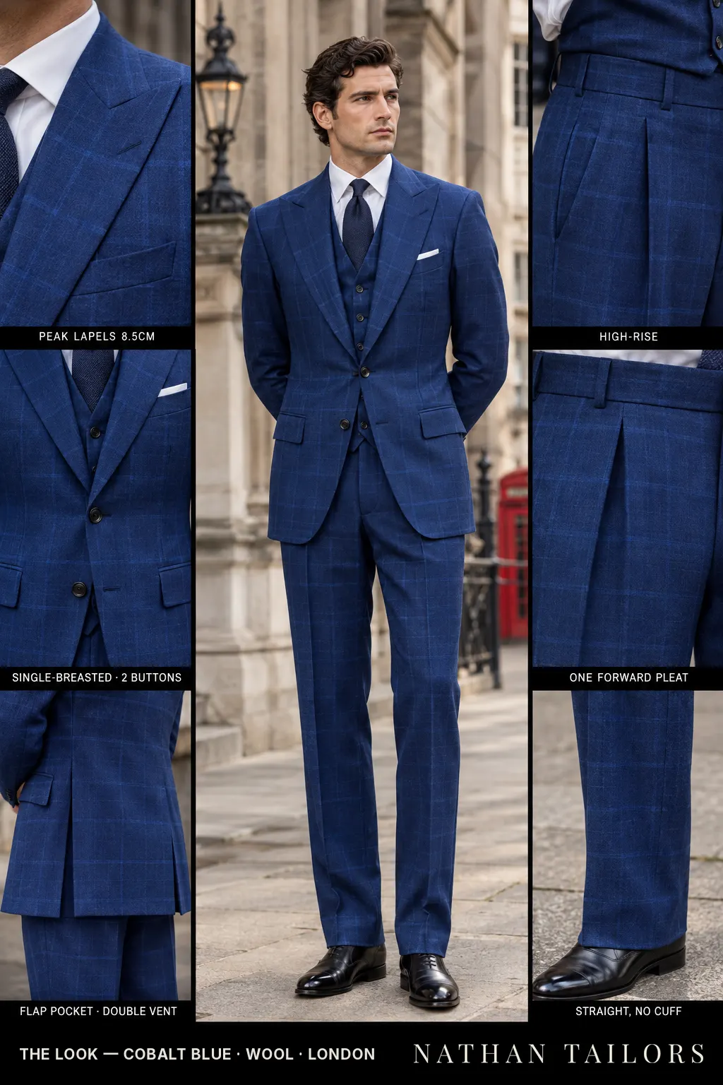 cobalt blue windowpane single-breasted bespoke suit โ custom tailored by Nathan Tailors, the Hoi An custom tailor