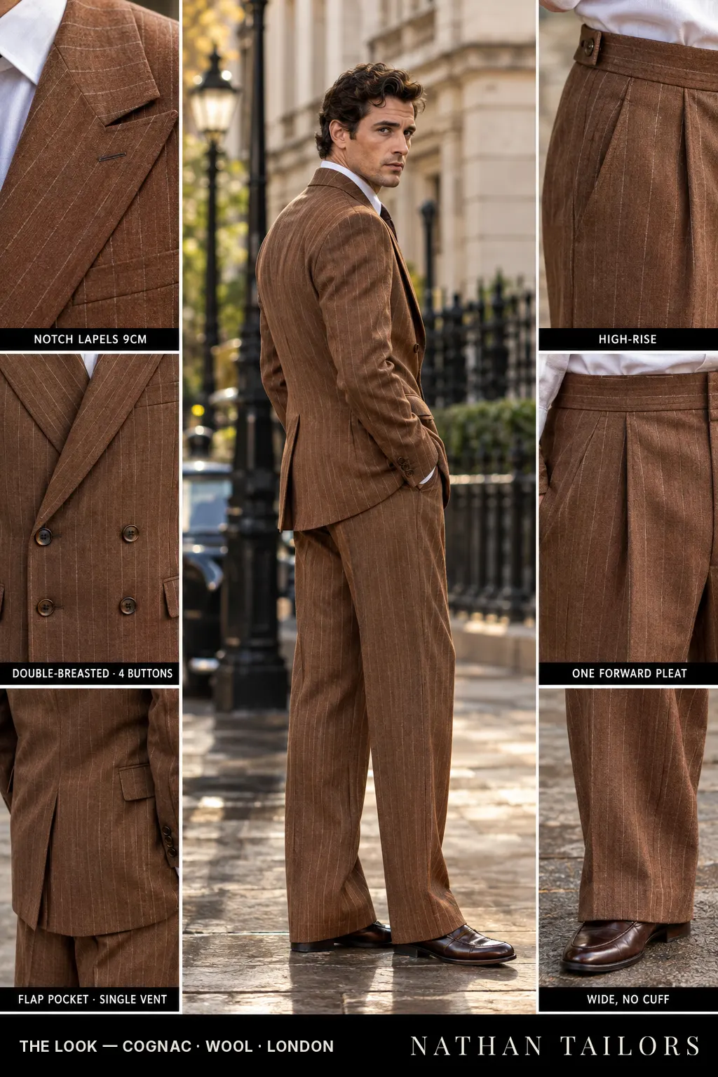 cognac chalk_stripe double-breasted bespoke suit โ custom tailored by Nathan Tailors, the Hoi An custom tailor