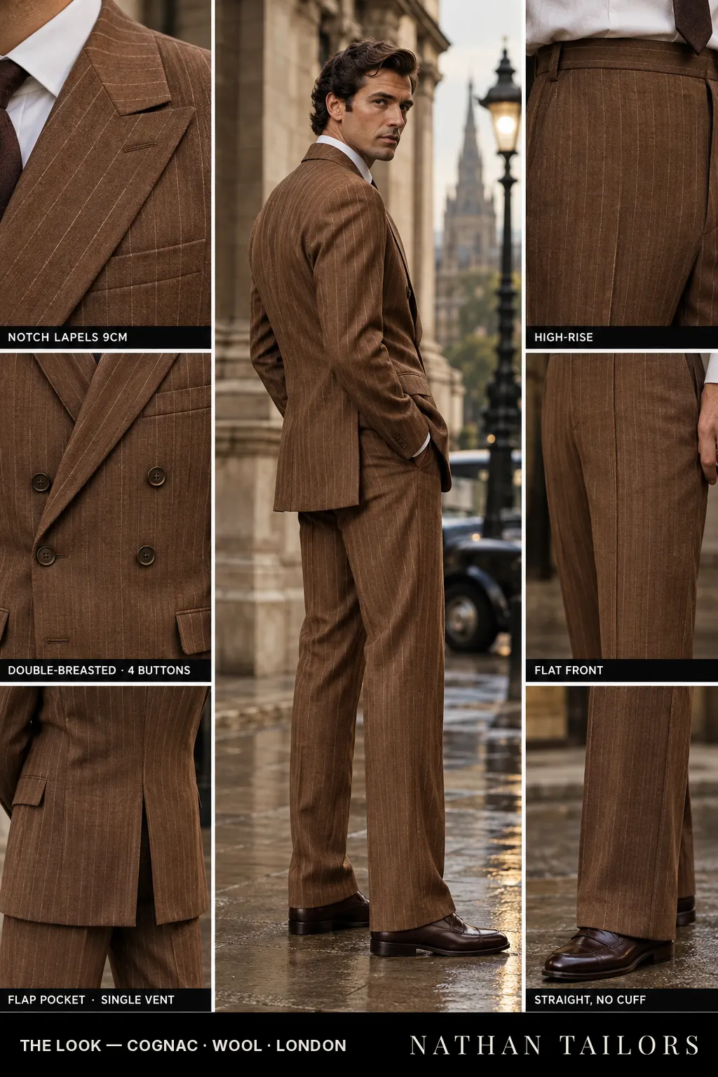 cognac chalk_stripe double-breasted bespoke suit โ custom tailored by Nathan Tailors, the Hoi An custom tailor