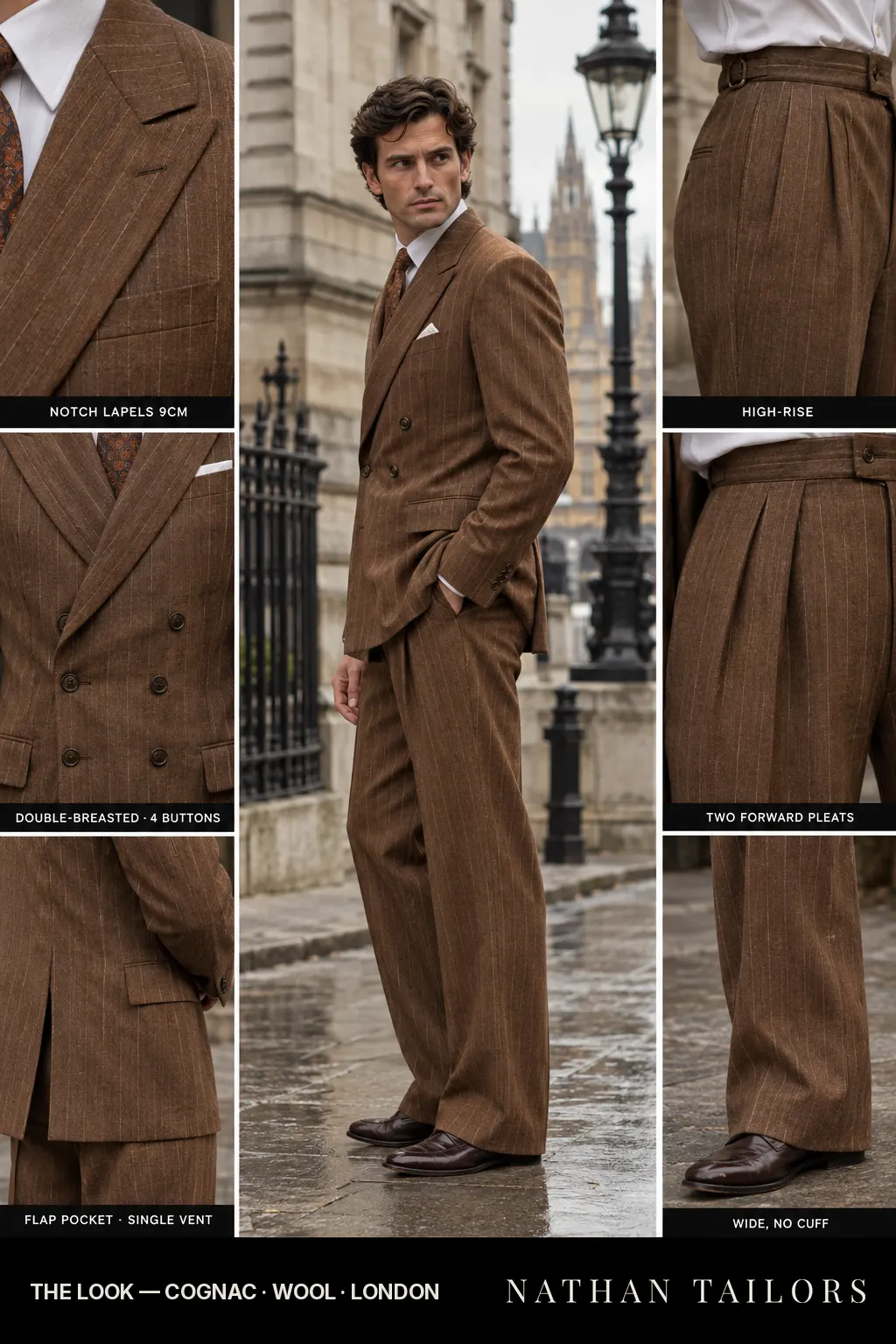 cognac chalk_stripe double-breasted bespoke suit โ custom tailored by Nathan Tailors, the Hoi An custom tailor