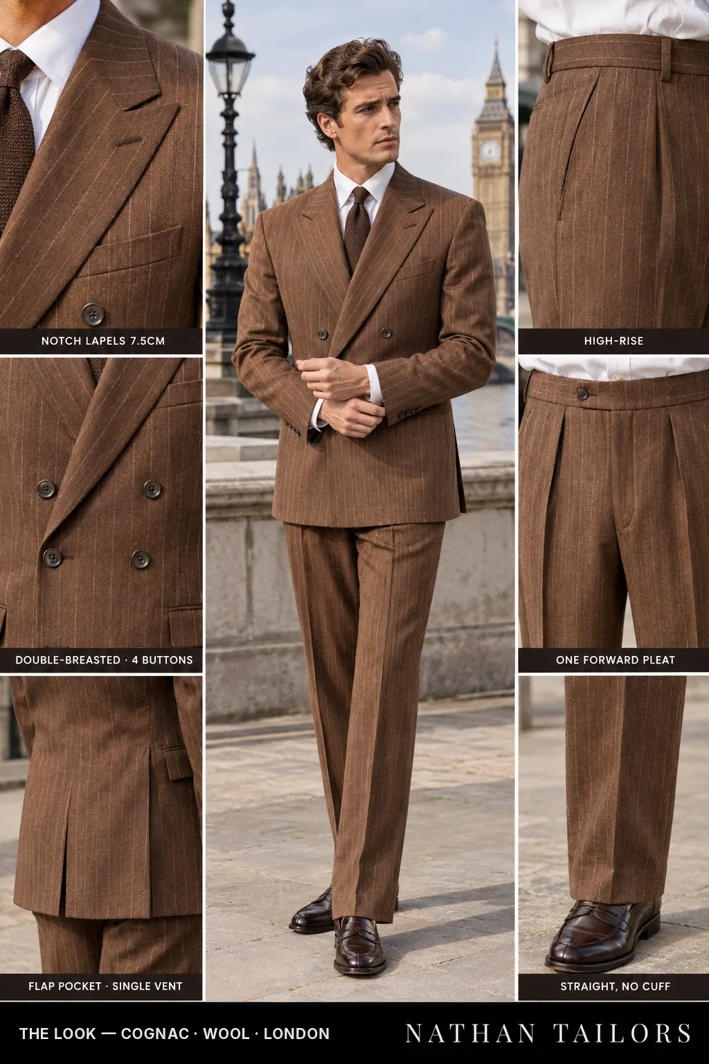 cognac chalk_stripe double-breasted bespoke suit โ custom tailored by Nathan Tailors, the Hoi An custom tailor
