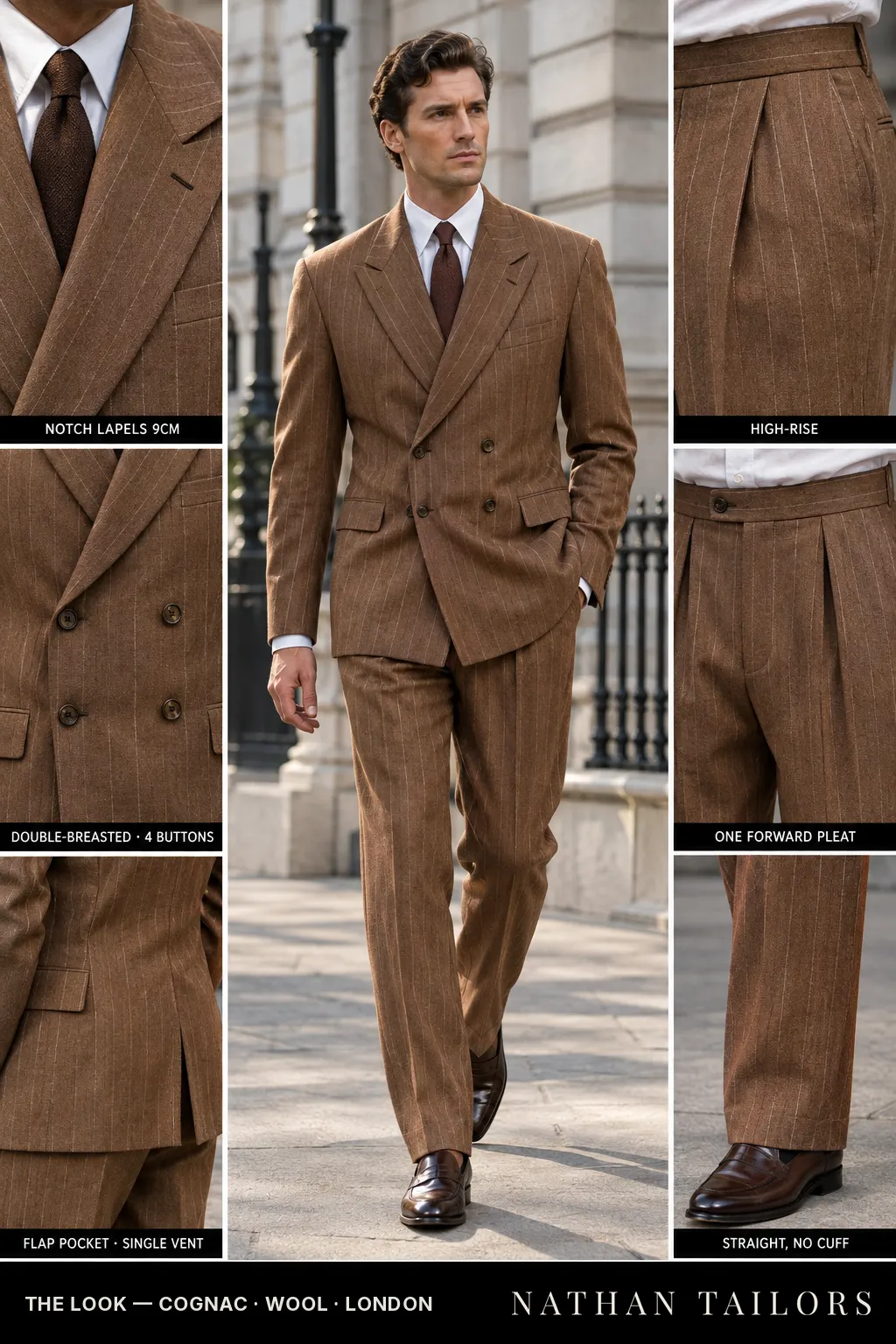 cognac chalk_stripe double-breasted bespoke suit โ custom tailored by Nathan Tailors, the Hoi An custom tailor