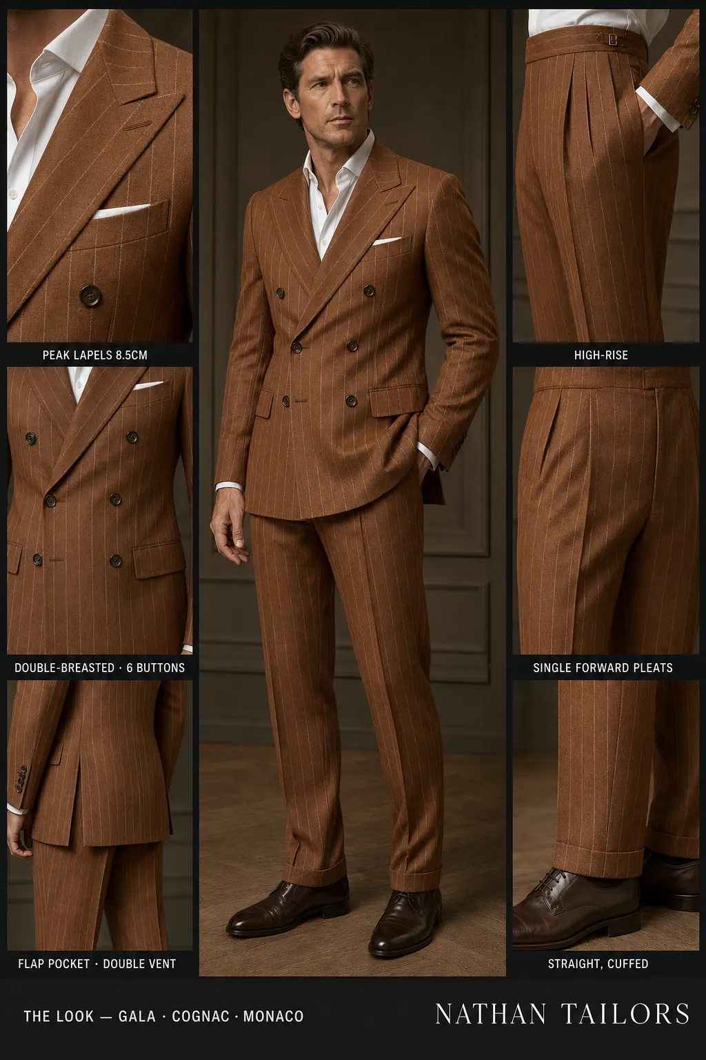 cognac chalk stripe double-breasted peak-lapel bespoke suit — AI-rendered by Nathan Tailors, the Hoi An custom tailor. Available as a custom tailored suit from $149.