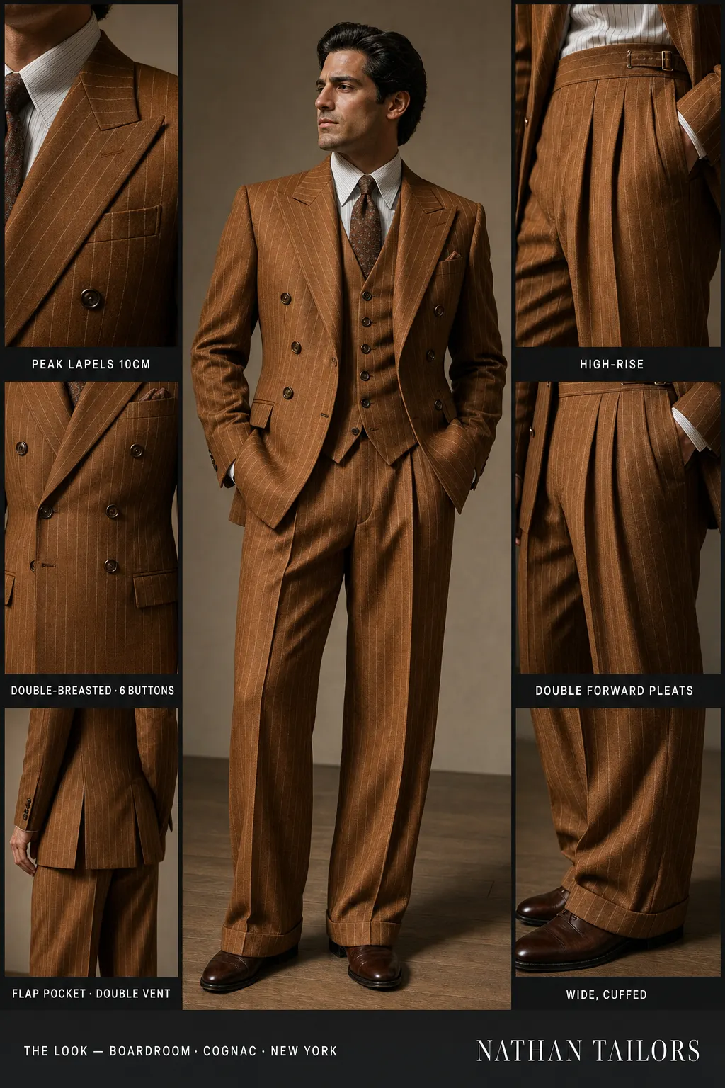 cognac chalk stripe double-breasted peak-lapel bespoke suit โ AI-rendered by Nathan Tailors, the Hoi An custom tailor. Available as a custom tailored suit from $149.