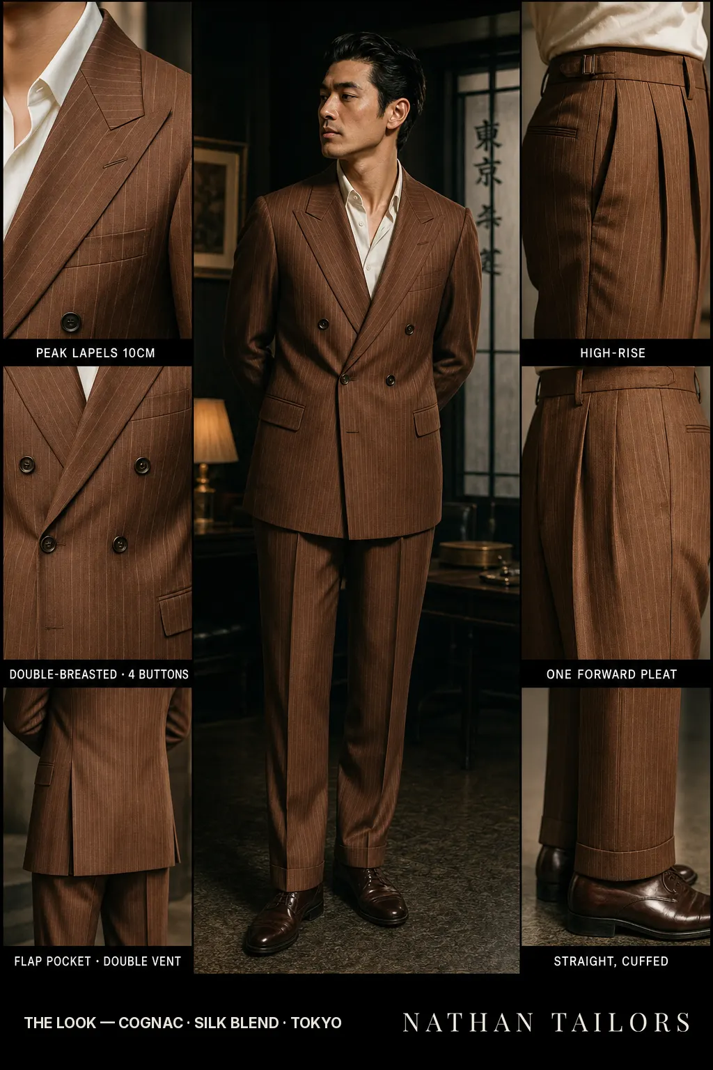 cognac chalk stripe double-breasted peak-lapel bespoke suit โ AI-rendered by Nathan Tailors, the Hoi An custom tailor. Available as a custom tailored suit from $149.