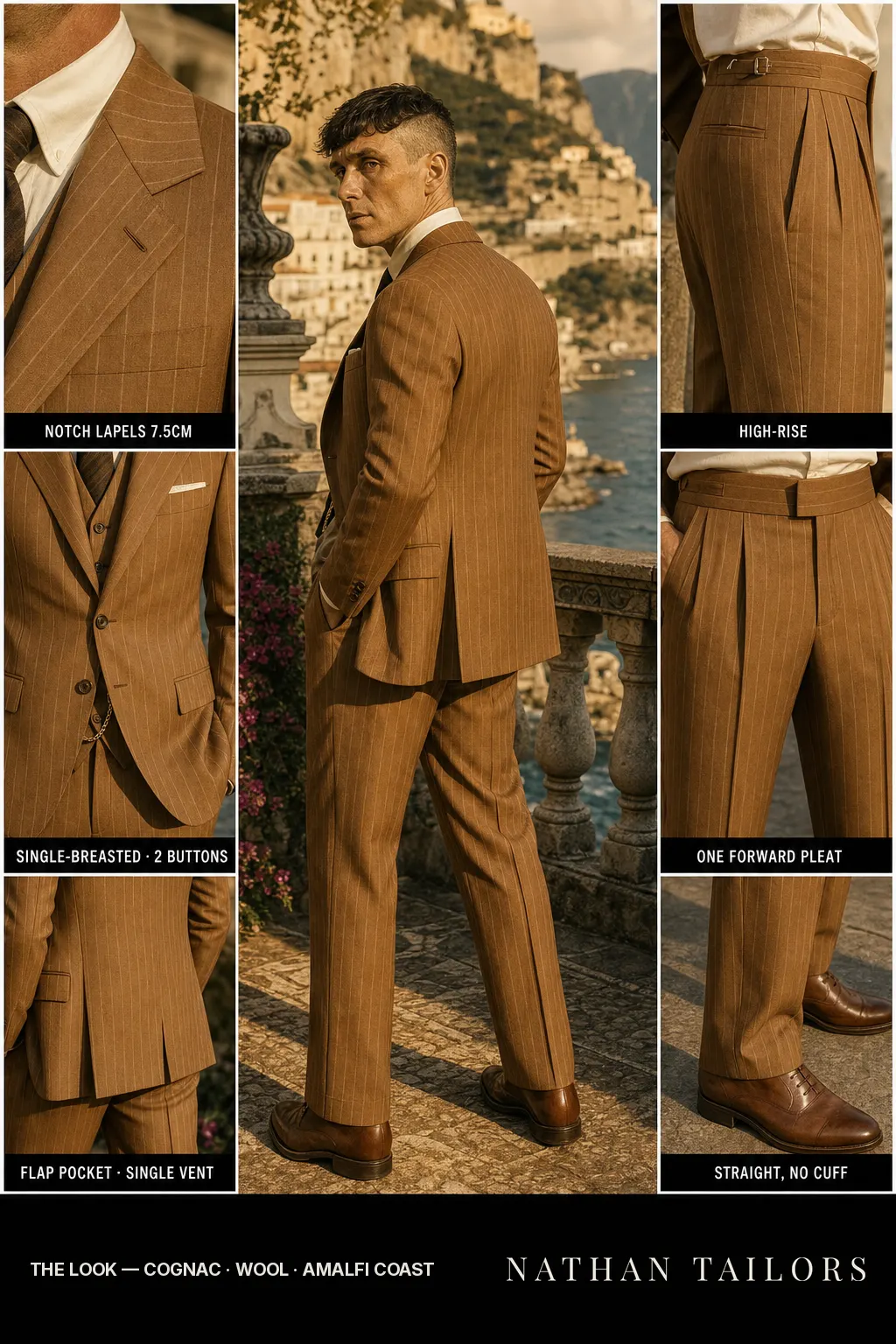 cognac chalk stripe single-breasted notch-lapel bespoke suit — AI-rendered by Nathan Tailors, the Hoi An custom tailor. Available as a custom tailored suit from $149.