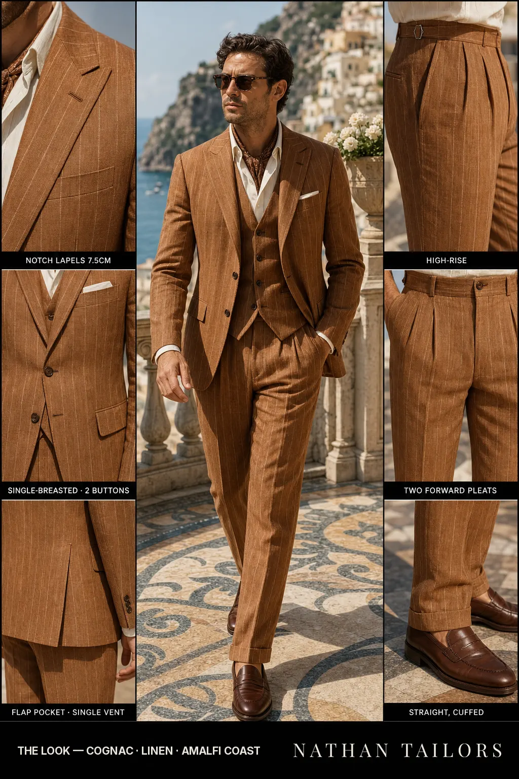 cognac chalk stripe single-breasted notch-lapel bespoke suit โ AI-rendered by Nathan Tailors, the Hoi An custom tailor. Available as a custom tailored suit from $149.