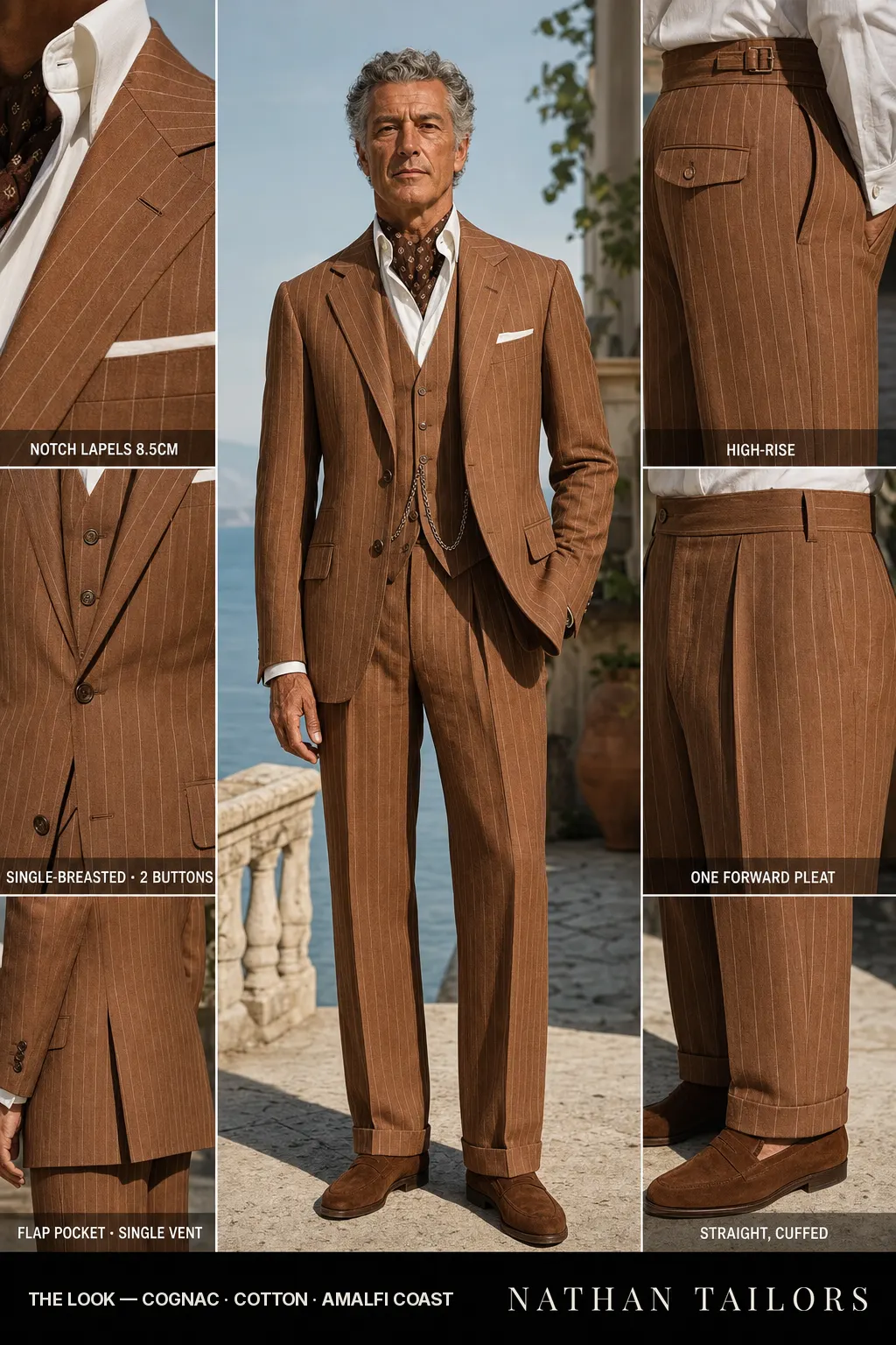 cognac chalk stripe single-breasted notch-lapel bespoke suit — AI-rendered by Nathan Tailors, the Hoi An custom tailor. Available as a custom tailored suit from $149.