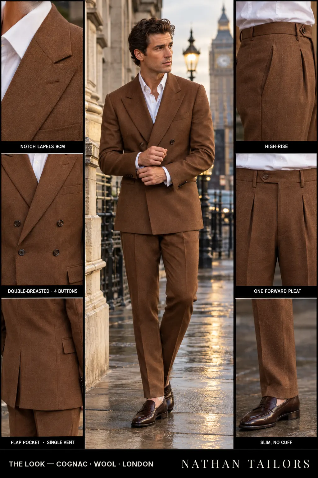 cognac double-breasted bespoke suit โ custom tailored by Nathan Tailors, the Hoi An custom tailor