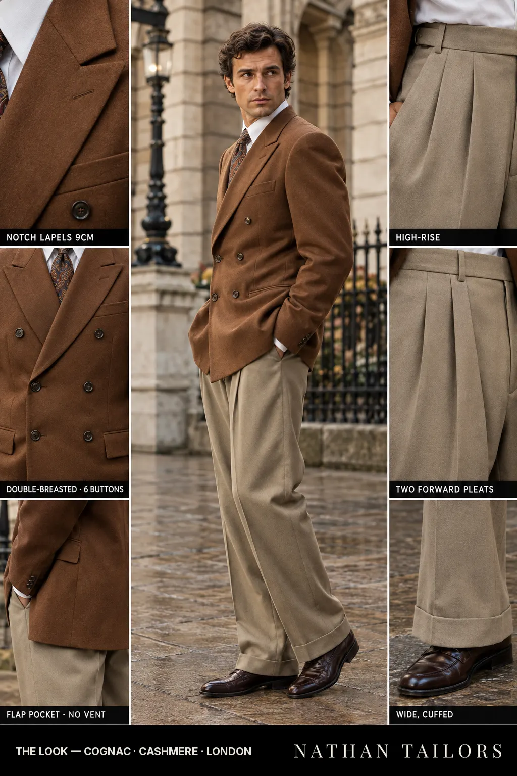 cognac double-breasted bespoke suit — custom tailored by Nathan Tailors, the Hoi An custom tailor