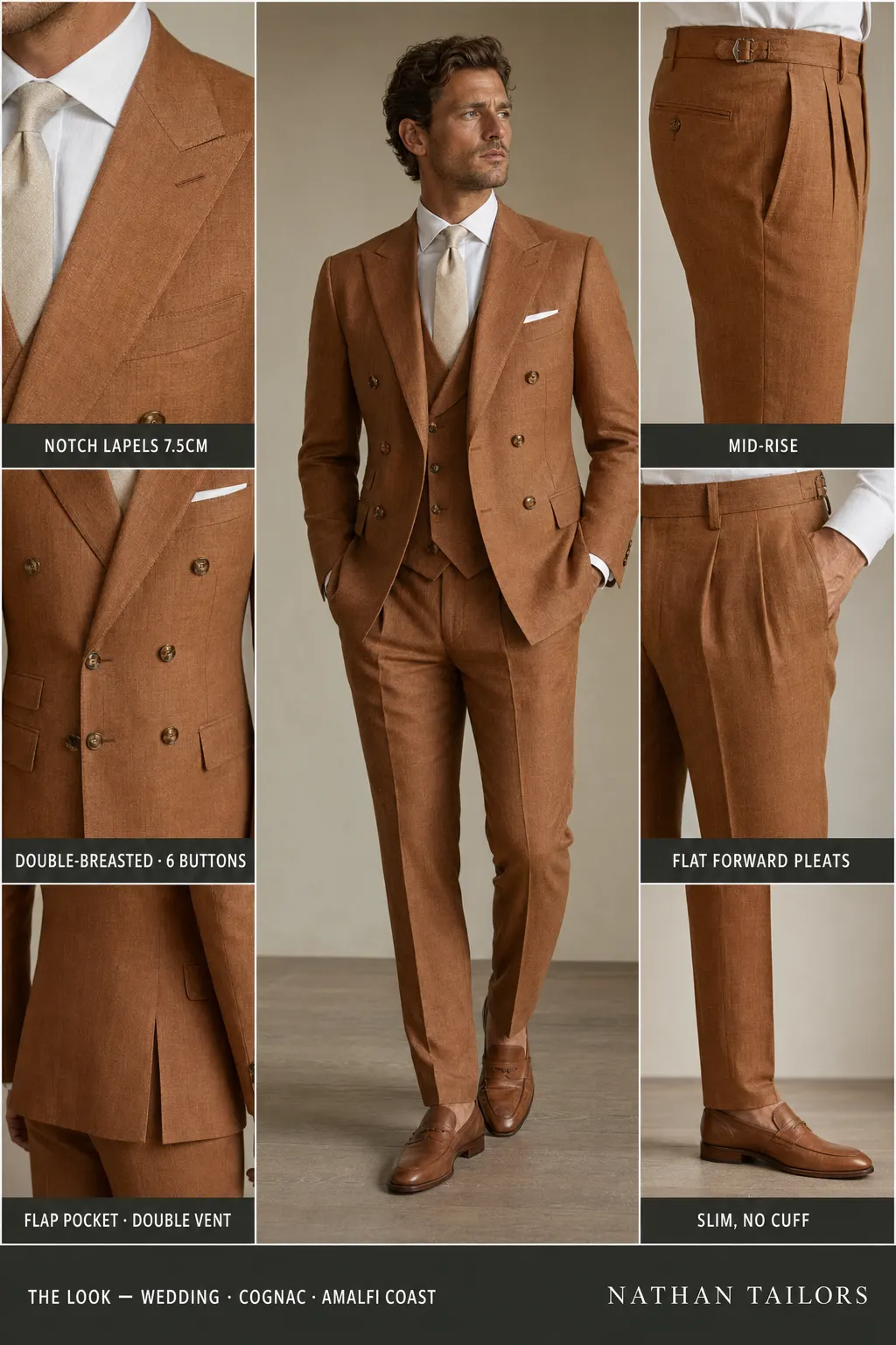 cognac double-breasted notch-lapel bespoke suit — AI-rendered by Nathan Tailors, the Hoi An custom tailor. Available as a custom tailored suit from $149.