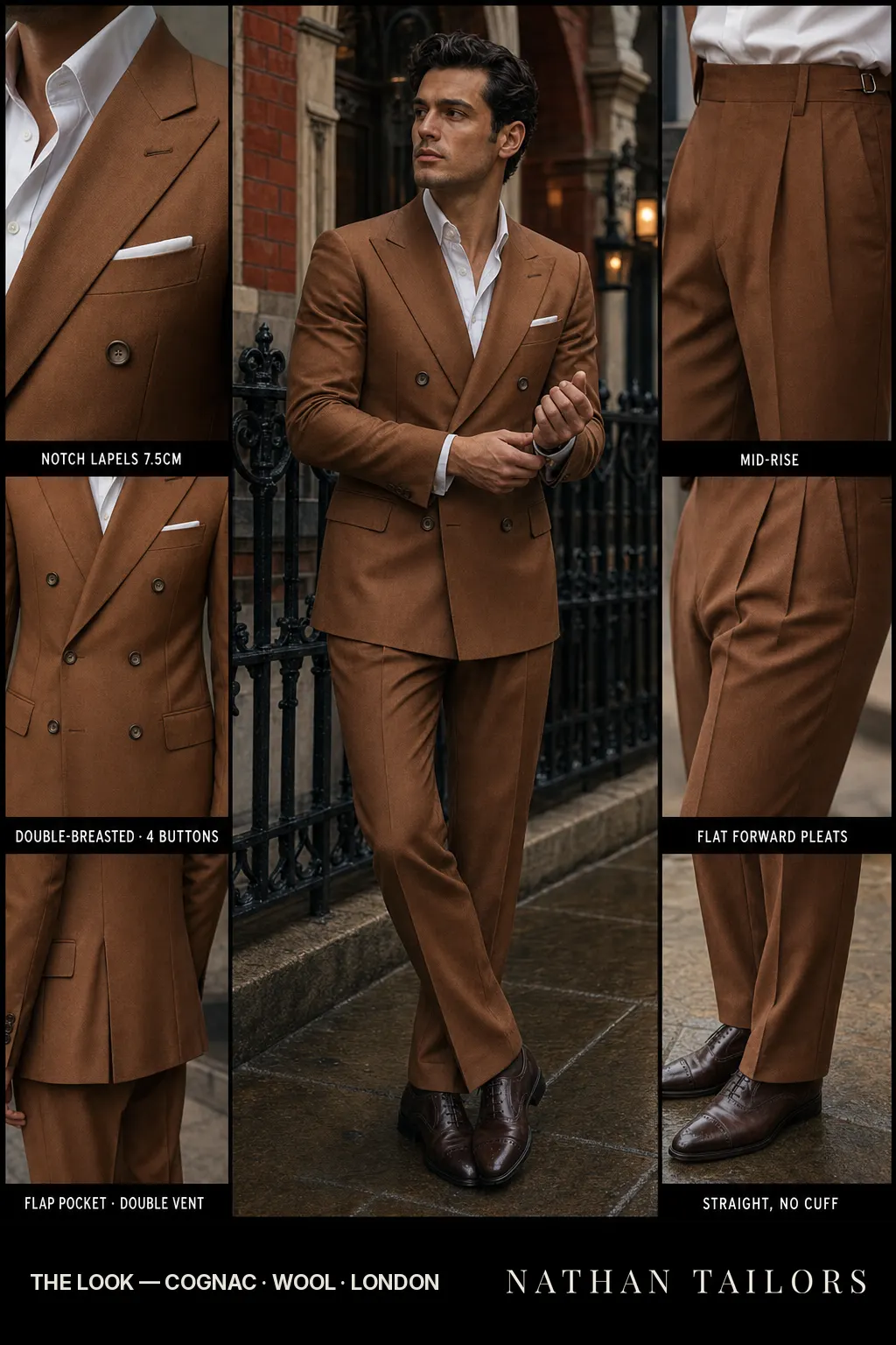 cognac double-breasted notch-lapel bespoke suit — AI-rendered by Nathan Tailors, the Hoi An custom tailor. Available as a custom tailored suit from $149.