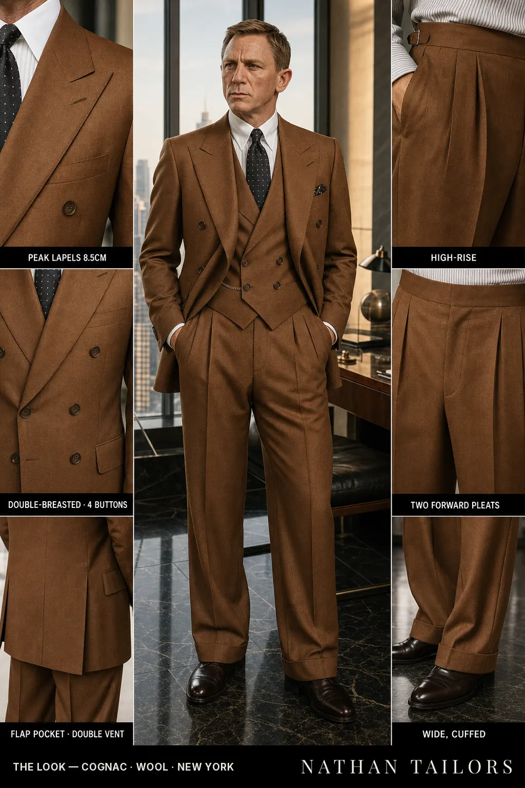 cognac double-breasted peak-lapel bespoke suit — AI-rendered by Nathan Tailors, the Hoi An custom tailor. Available as a custom tailored suit from $149.